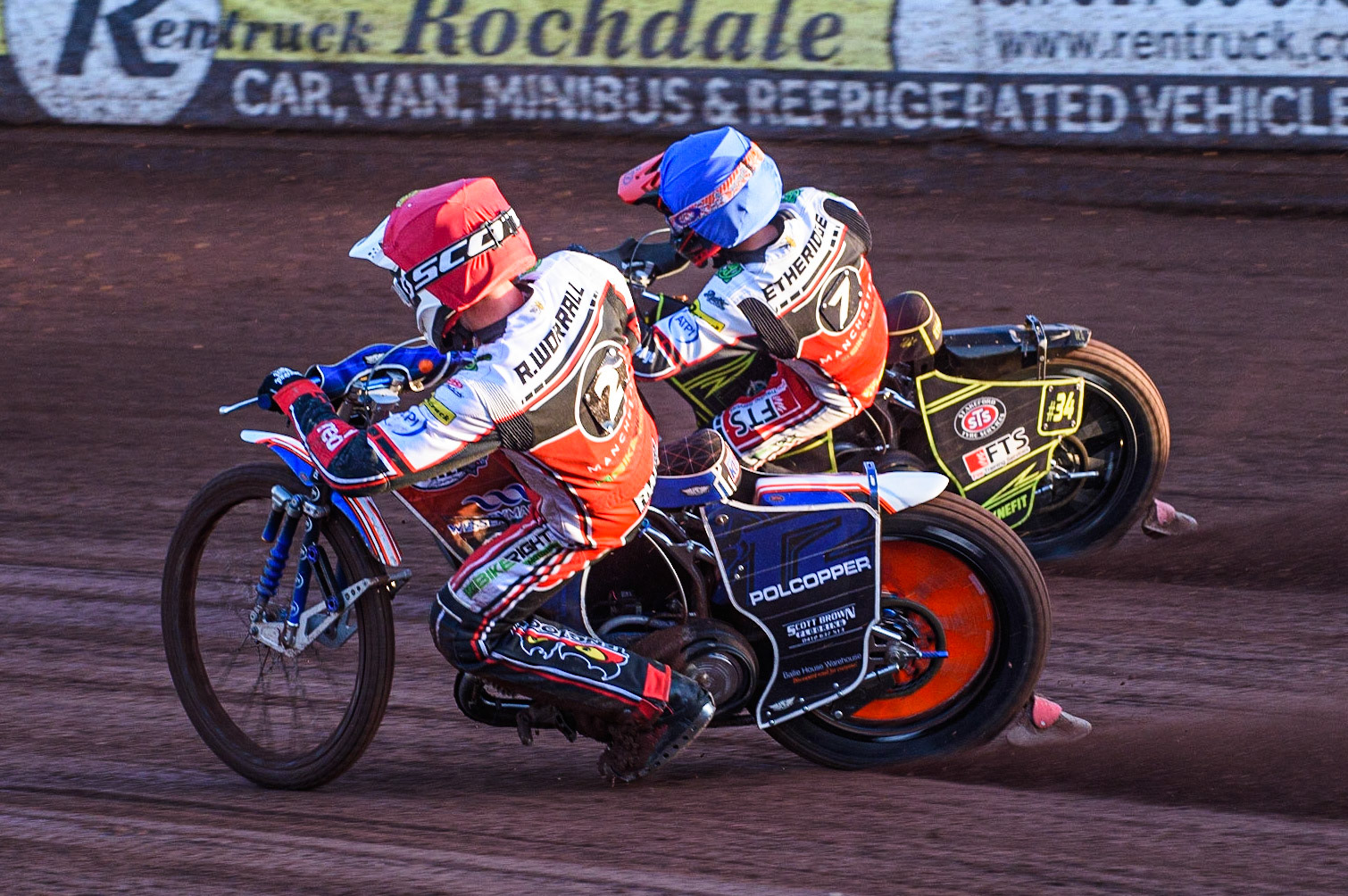 MANCHESTER, UK. JULY 15TH   Richie Worrall  (Red) inside’ team mate Jye Etheridge  (Blue) during the SGB Premiership match between Belle Vue Aces and Wolverhampton Wolves at the National Speedway Stadium, Manchester on Thursday 15th July 2021. (Credit: Ian Charles | MI News)