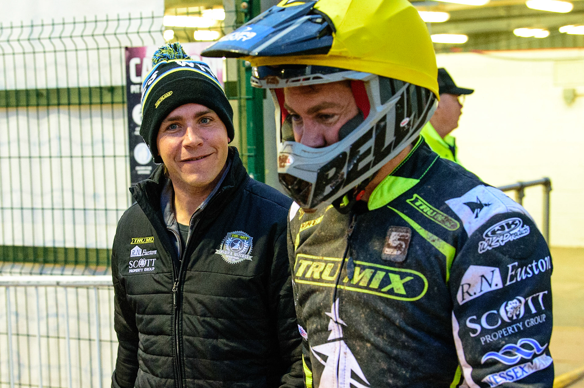 MANCHESTER, UK. JUN 6TH Ipswich TruMix Witches  manager Richie Hawkins  (left) with Troy Batchelor   during the SGB Premiership match between Belle Vue Aces and Ipswich Witches at the National Speedway Stadium, Manchester on Monday 6th June 2022. (Credit: Ian Charles | MI News)