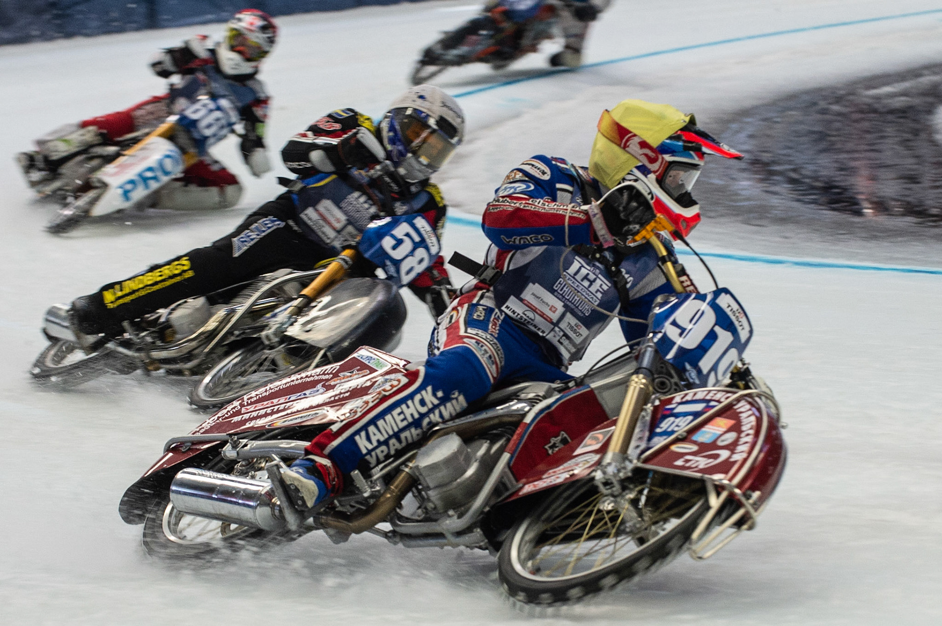 Photo: Ian Charles

Dmitri Khomitsevich (919) leads Stefan Svensson (58)  and Charly Ebner (665)

FIM Ice Speedway Gladiators World Championship, Event 4.2, Max-Aicher-Arena, Inzell, Germany, Sunday 17 March 2019