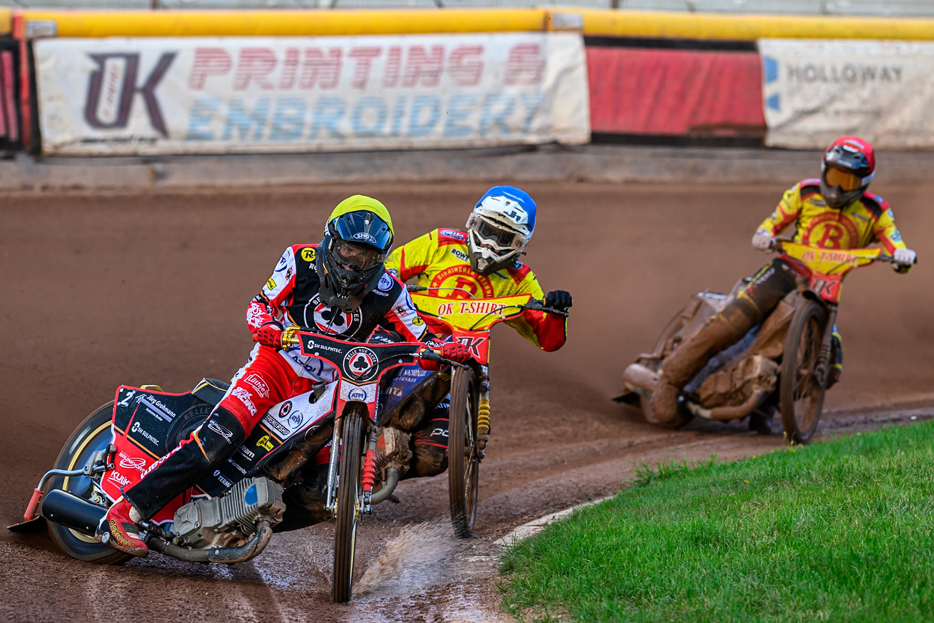 Belle Vue Aces' Norick Blodorn   in Yellow leading Birmingham Brummies' Paco Castagna  in Blue and Birmingham Brummies' Tobias Musielak  in Red during the Rowe Motor Oil Premiership match between Birmingham Brummies and Belle Vue Aces at Perry Barr Stadium, Birmingham on Monday 28th July 2025. (Photo: Ian Charles | MI News)