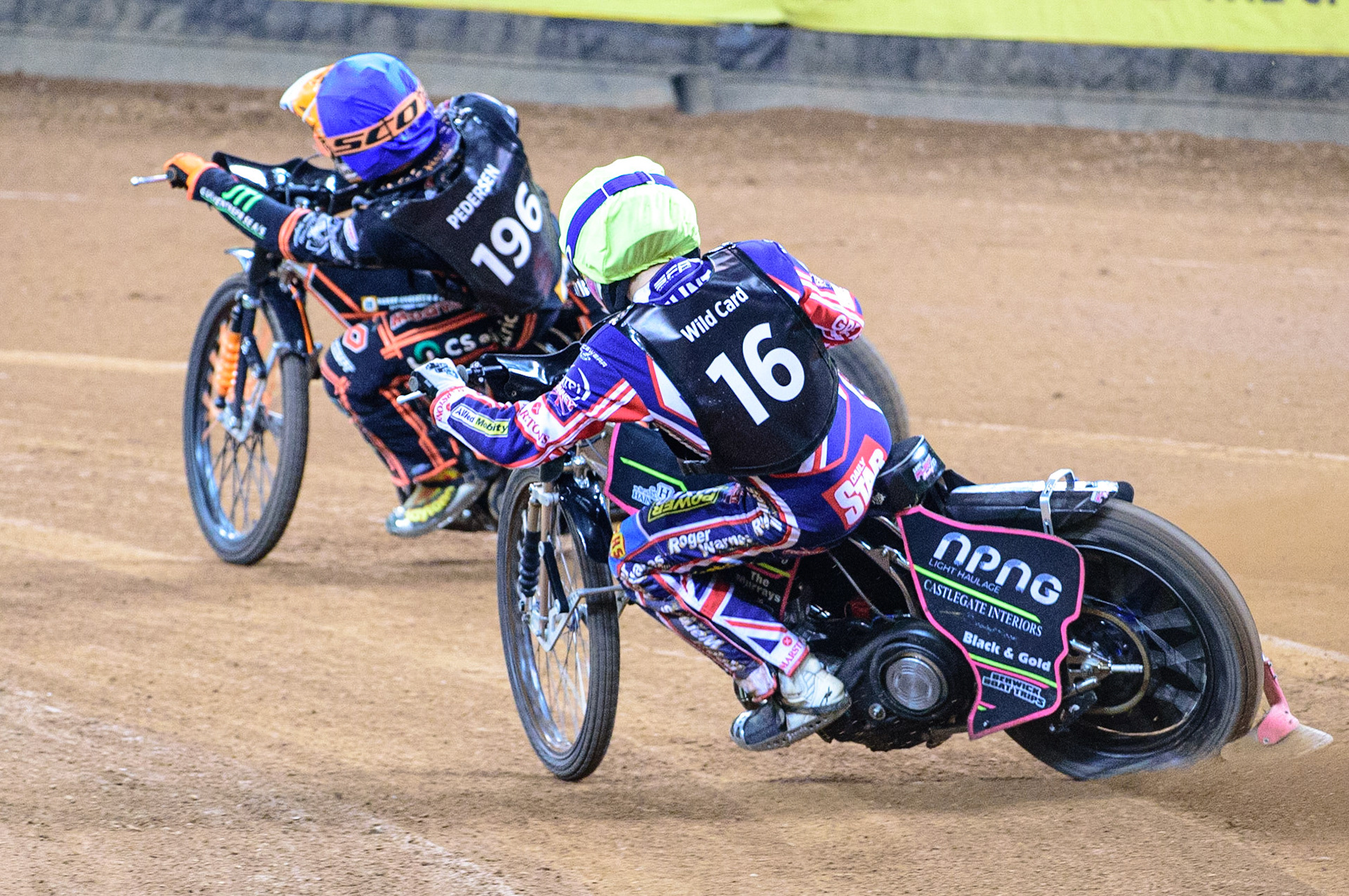Leon Flint (Great Britain)  (Yellow) chases Kevin Juhl Pedersen (Denmark)  (Blue) during the FIM  Speedway Grand Prix  2 of Great Britain at the Principality Stadium, Cardiff on Sunday 14th August 2022. (Credit: Ian Charles | MI News)