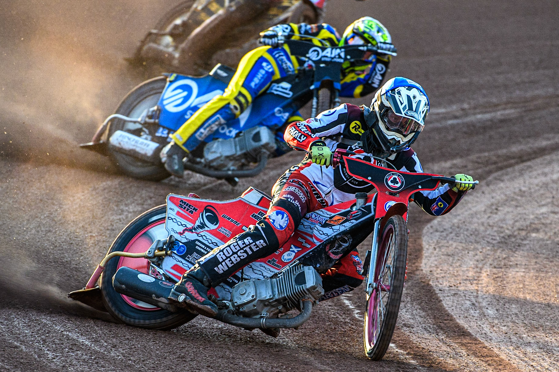Connor Bailey (Blue) leads Lewis Kerr  (White) during the Sports Insure Premiership match between Belle Vue Aces and Sheffield Tigers at the National Speedway Stadium, Manchester on Monday 7th August 2023. (Photo: Ian Charles | MI News)