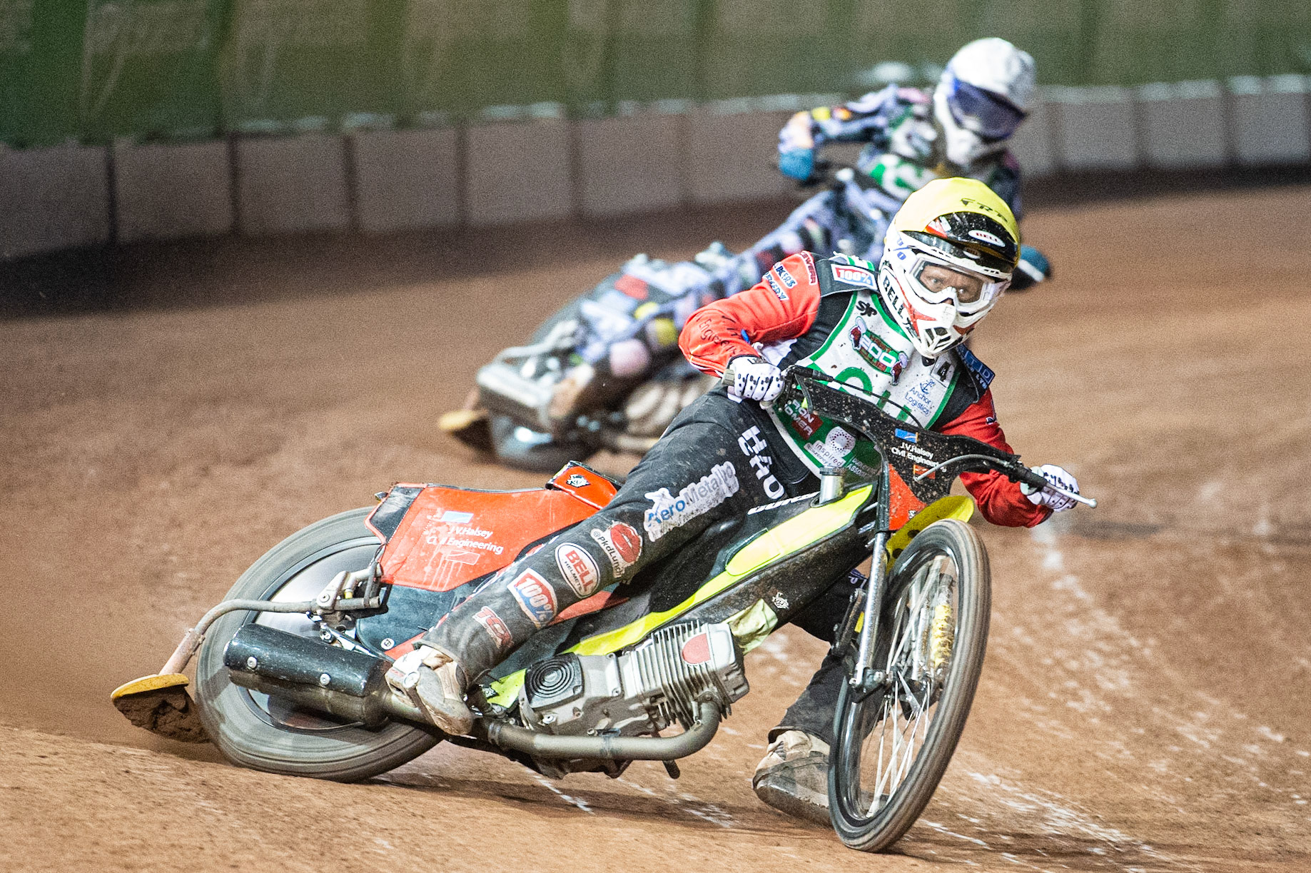 Photo: Ian Charles

Dan Halsey  (Yellow) leads team mate Harry McGurk (White)

Belle Vue Colts v Cradley Heathens, SGB National League, Belle Vue National Speedway Stadium, Manchester, Thursday 29  August  2019