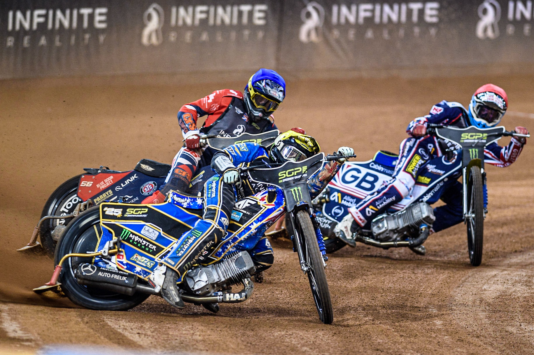 Jack Holder (25) (Yellow) leads Steve Worrall (16) (Blue) and Anders Rowe (17) (White) during the FIM Speedway Grand Prix of Great Britain at the Principality Stadium, Cardiff on Saturday 2nd September 2023. (Photo: Ian Charles | MI News)
