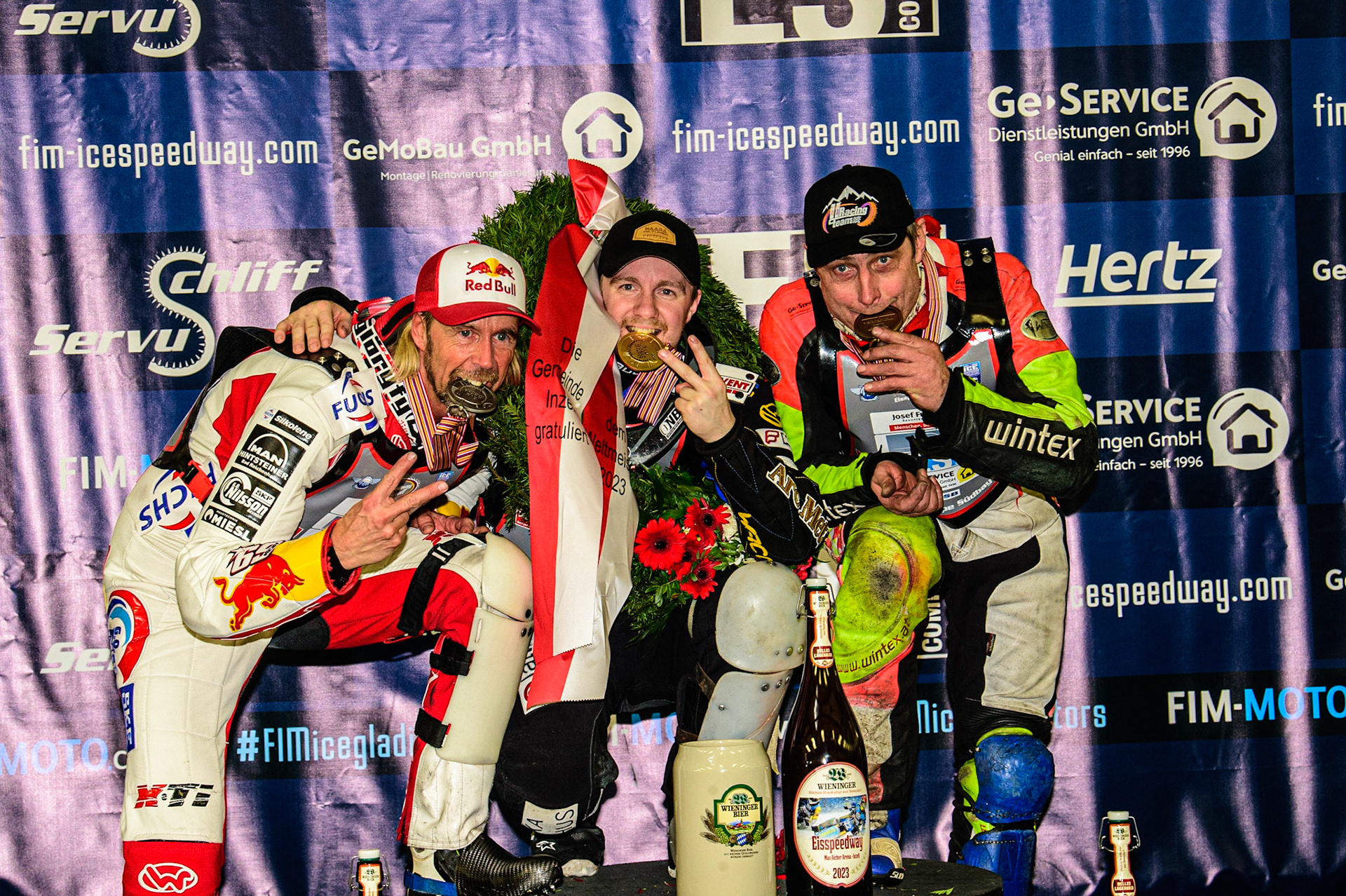 World Top 3: (l-r) Franz Zorn (2nd), Martin Haarahiltunen (World Champion), Harald Simon (3rd) during the Ice Speedway Gladiators World Championship Final 2 at Max-Aicher-Arena, Inzell, Germany on Sunday 19th March 2023. (Photo: Ian Charles | MI News)