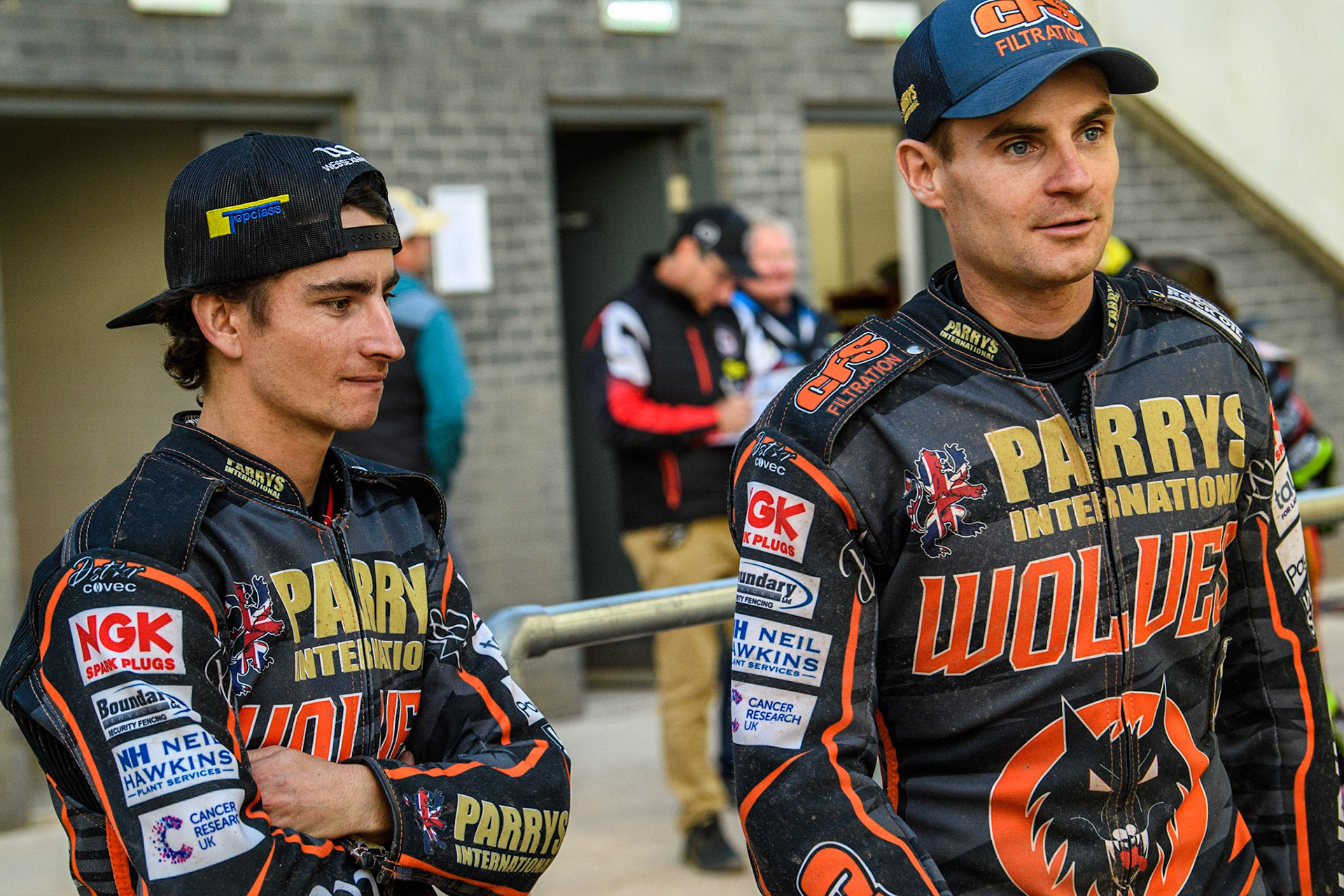 Zach Cook (left) with Steve Worrall during the Sports Insure Premiership match between Belle Vue Aces and Wolverhampton Wolves at the National Speedway Stadium, Manchester on Monday 3rd July 2023. (Photo: Ian Charles | MI News)
