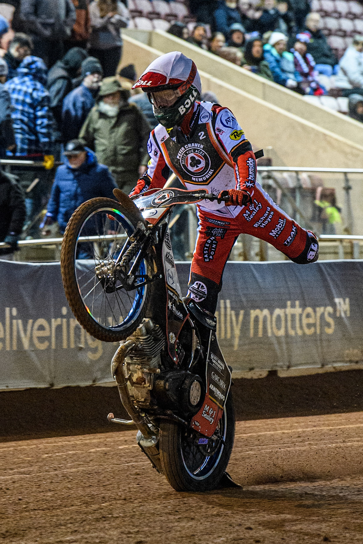 Brady Kurtz does a celebratory wheelie after winning the final during the Peter Craven Memorial Trophy at the National Speedway Stadium, Manchester on Monday 17th March 2025. (Photo: Ian Charles | MI News)