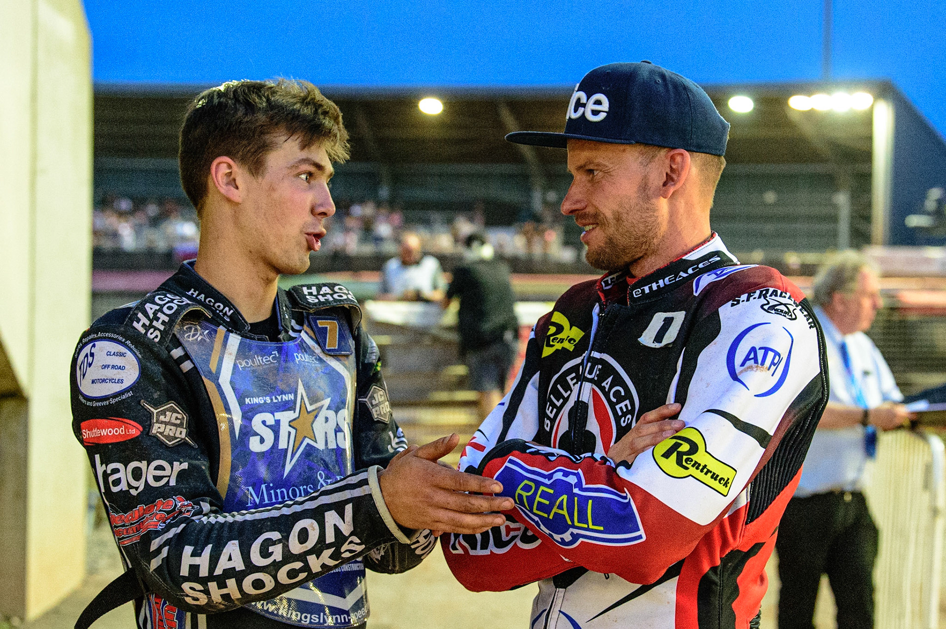 MANCHESTER UK Jason Edwards  (left) chats with Matej Zagar    during the SGB Premiership match between Belle Vue Aces and King's Lynn Stars at the National Speedway Stadium, Manchester on Monday 11th July 2022. (Credit: Ian Charles | MI News)