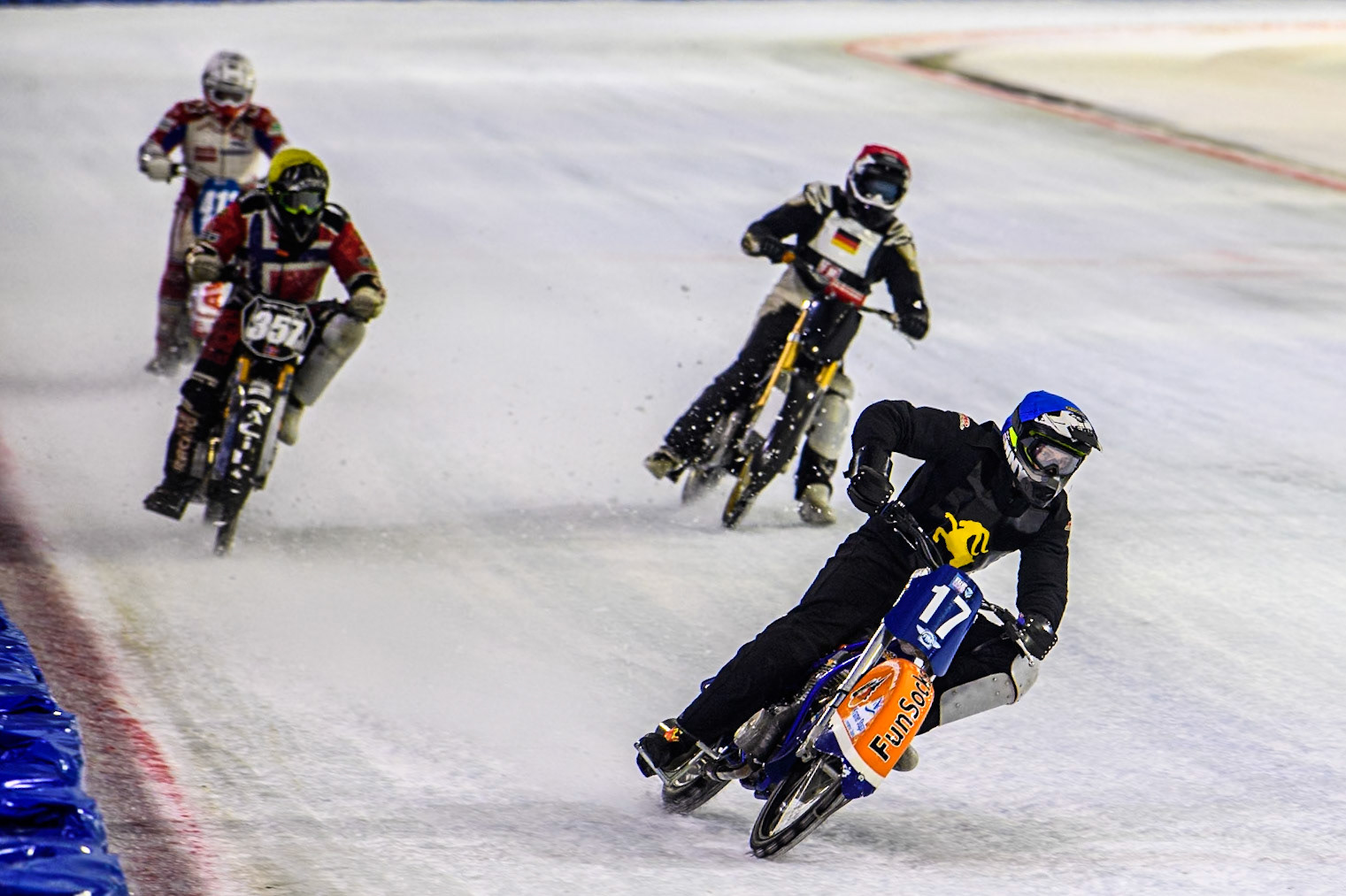 Leon Kramer of The Netherlands in Blue leading Jo Saetre of Norway in Yellow, Franz Mayerbüchler of Germany in Red and Niek Schaap of The Netherlands in White in the Last Chance Race during the Roelof Thijs Bokaal, Ice Rink Thialf, Heerenveen, Netherlands on Friday 4th April 2025. (Photo: Ian Charles | MI News)