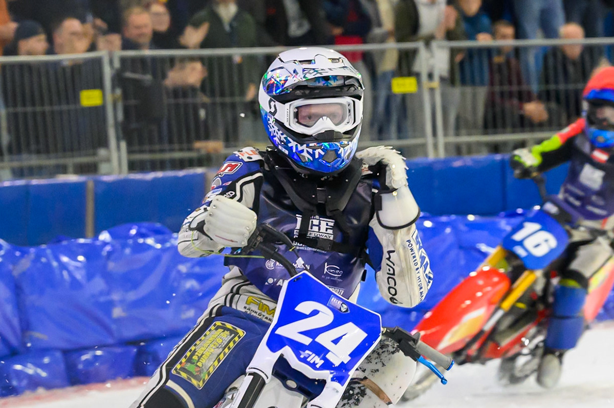 Max Koivula (24) of Finland  celebrates his Heat  win during the FIM Ice Speedway Gladiators World Championship Final 3 at Ice Rink Thialf, Heerenveen on Saturday 11th April 2026. (Photo: Ian Charles | MI News)