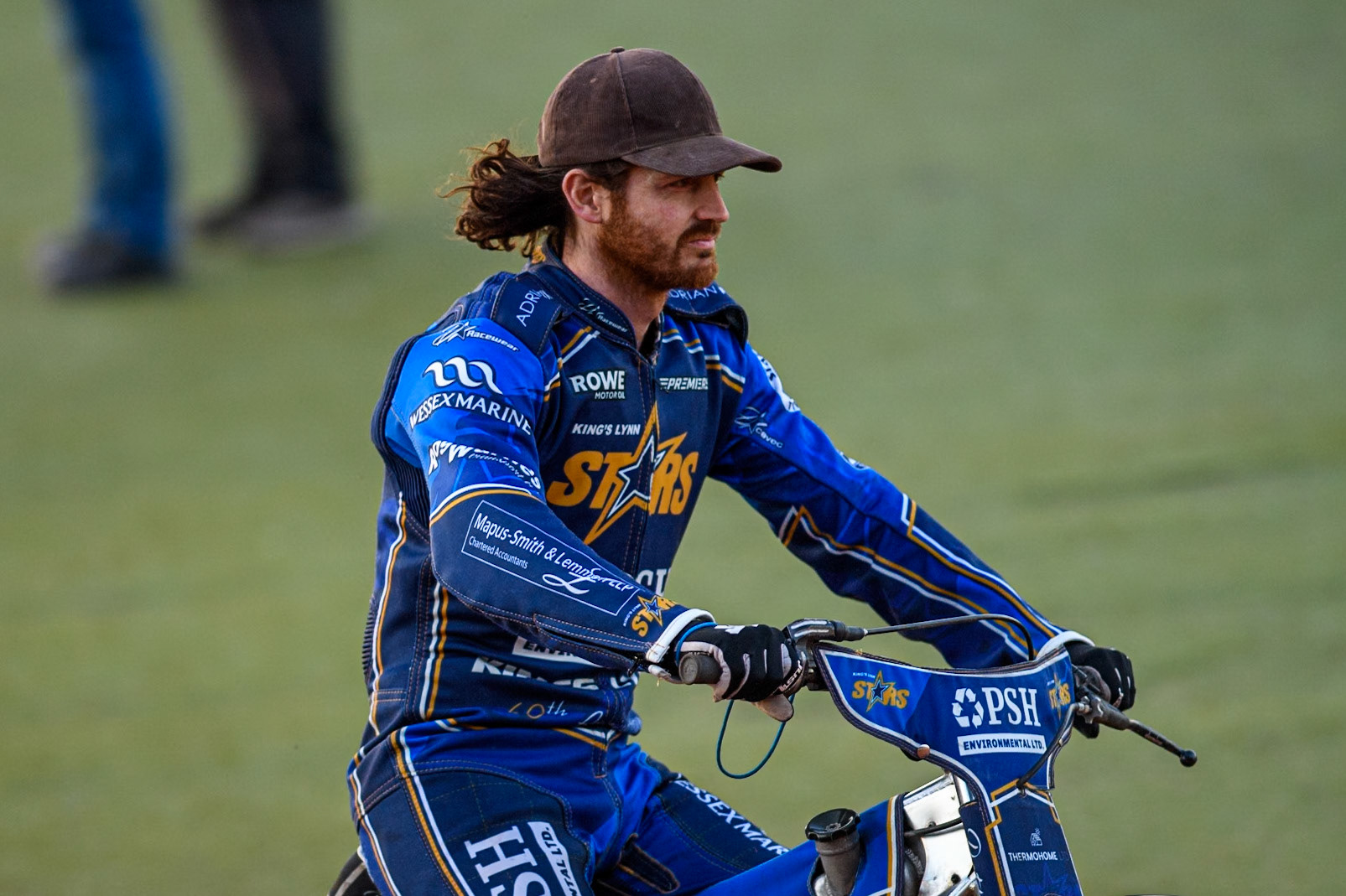 Richard Lawson of Kings Lynn Stars on the parade lap  during the Rowe Motor Oil Premiership match between Belle Vue Aces and King's Lynn Stars at the National Speedway Stadium, Manchester on Monday 5th April 2025. (Photo: Ian Charles | MI News)