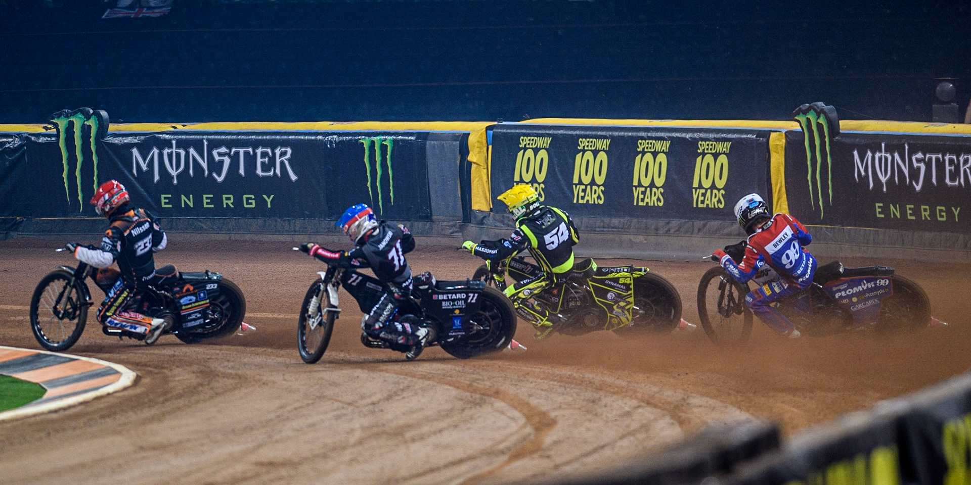 Kim Nilsson (233) (Red) leads  Maciej Janowski (71) (Blue), Martin Vaculik (54) (Yellow) and Dan Bewley (99) (White) during the FIM Speedway Grand Prix of Great Britain at the Principality Stadium, Cardiff on Saturday 2nd September 2023. (Photo: Ian Charles | MI News)