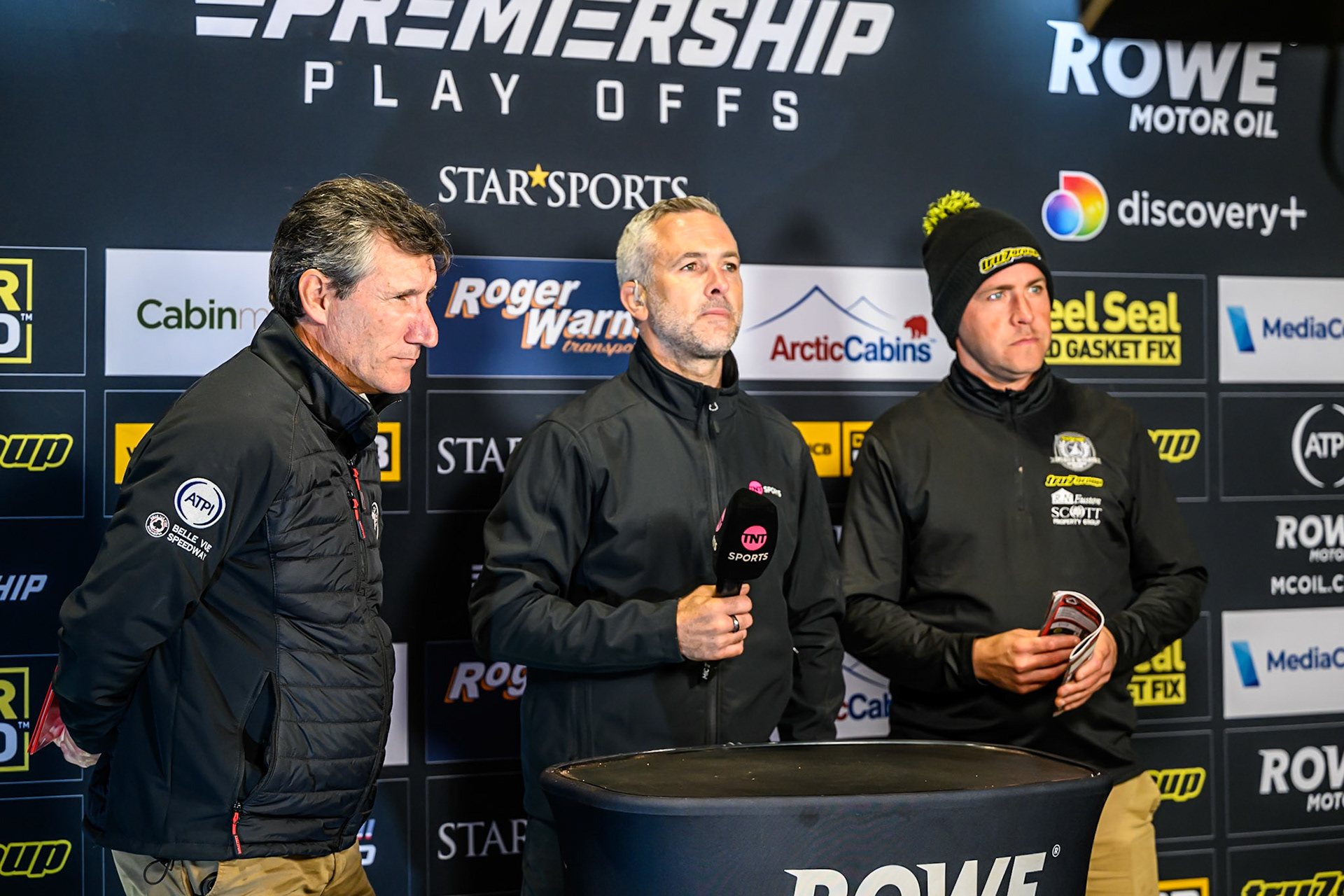 (L to R) Mark Lemon, Team Manager of Belle Vue Aces , TNT Presenter Scott Nicholls, Ritchie Hawkins, Team manager of Ipswich Witches  during the Rowe Motor Oil Premiership Play Off Semi Final 1 (1st Leg)  between Belle Vue Aces and Ipswich Witches at the National Speedway Stadium, Manchester on Monday 8th September 2025. (Photo: Ian Charles | MI News)