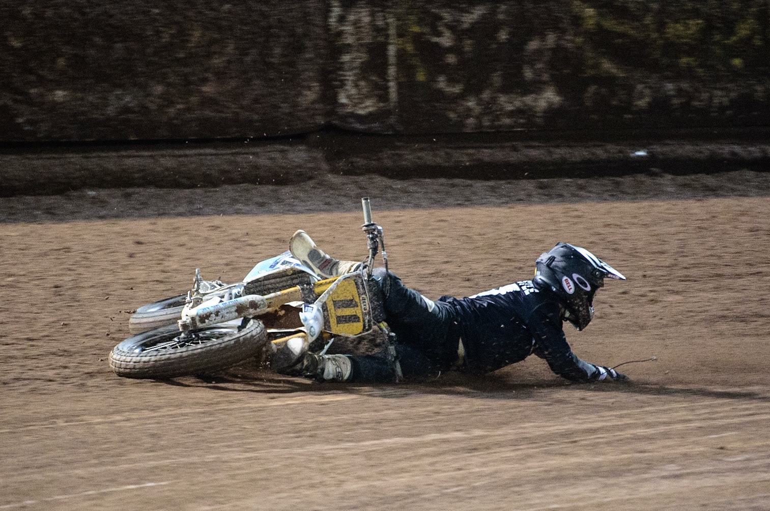 MANCHESTER, UK. OCT 30TH   Gary Birtwistle (11) falls during the Manchester Masters Sidecar Speedway and Flat Track Racing at the National Speedway Stadium, Manchester on Saturday 30th October 2021. (Credit: Ian Charles | MI News)