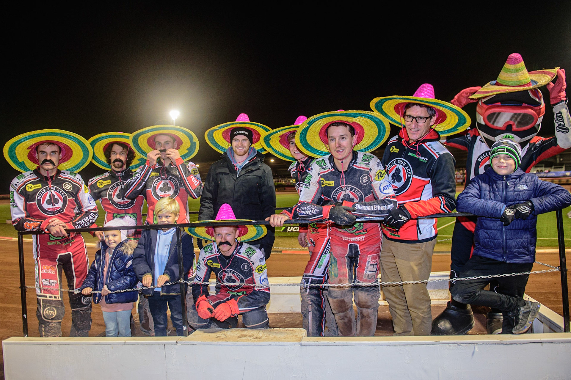 MANCHESTER, UK. OCT 11TH  The Aces take the victory parade with sombreros and fake moustaches provided by the Manchester Mexicans fans group. during the SGB Premiership Grand Final 1st Leg between Belle Vue Aces and Peterborough Panthers at the National Speedway Stadium, Manchester on Monday 11th October 2021. (Credit: Ian Charles | MI News)
