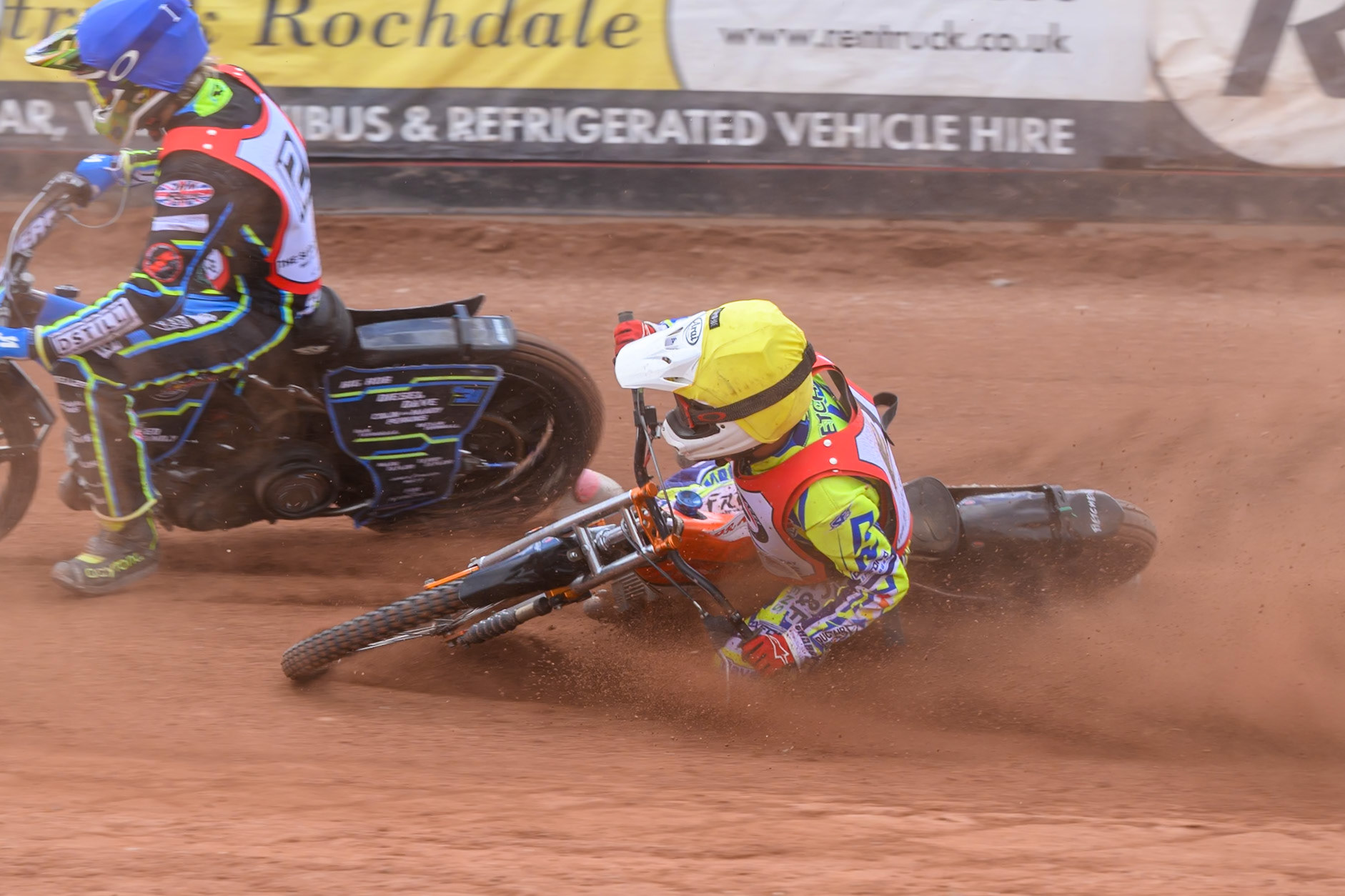 JR ASHWORTH &amp; SONS COLTS ACADEMY INDIVIDUALHarry Fletcher in Yellow rides inside Senna Summers in Blue before he slides off during the JR Ashworth &amp; Sons Colts Individual at the National Speedway Stadium, Manchester on Sunday 10th May 2026. (Photo: Ian Charles | MI News)