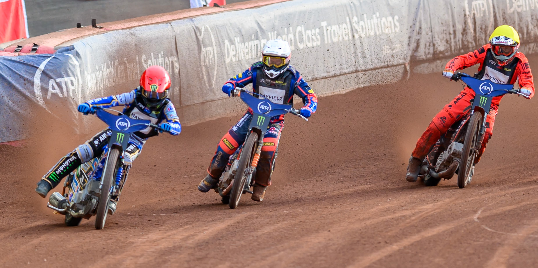 Jack Holder (25) of Australia in Red leading Andzejs Lebedevs (29) of Latvia in White and Jan Kvech (201) of Czech Republic in Yellow during the ATPI  FIM Speedway GP of Manchester at the National Speedway Stadium, Manchester on Friday 5th June 2026. (Photo: Ian Charles | MI News)