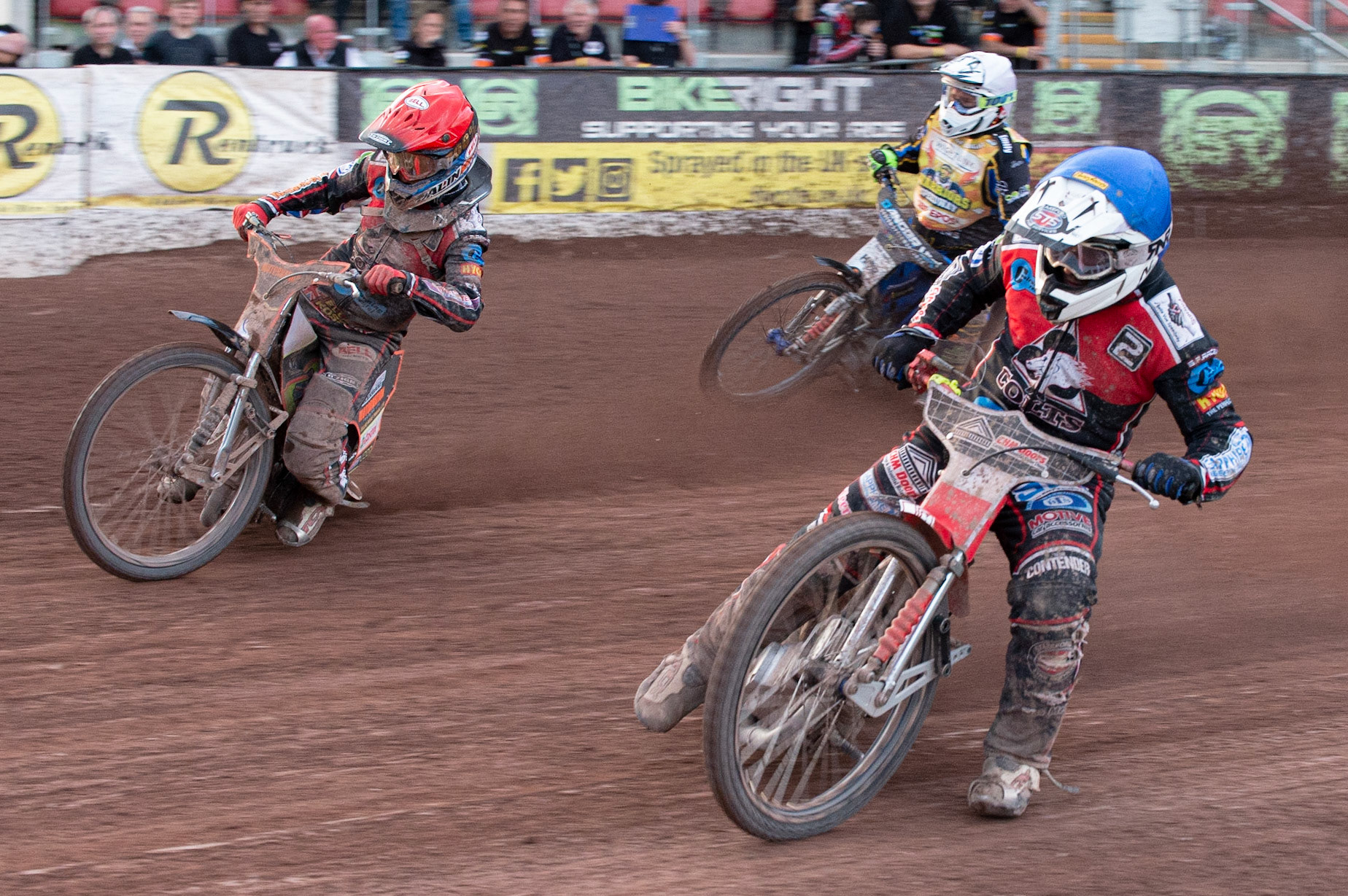 Photo: Ian Charles

Danny Phillips  (Blue) and Jordan Palin  (Red) lead Scott Campos (White)

Belle Vue Colts v Isle Of Wight Warriors, SGB National League KO Cup Quarter Final 1st Leg, Belle Vue National Speedway Stadium, Manchester, Monday 22  July  2019