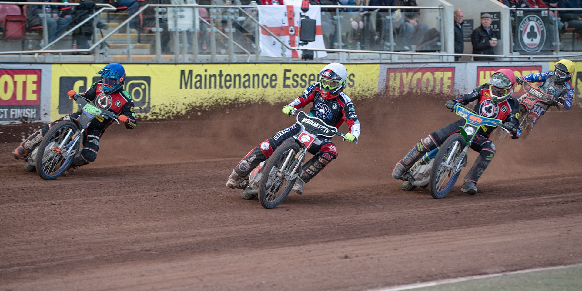 Photo by Ian Charles

Nicolai Klindt  (White) leads Dimitri Berge  (Blue) Dan Bewley  (Red) and Luke Becker  (Yellow)

Belle Vue Aces v Poole Pirates, British Speedway Premiership, Belle Vue National Speedway Stadium, Manchester, Monday 1  July  2019