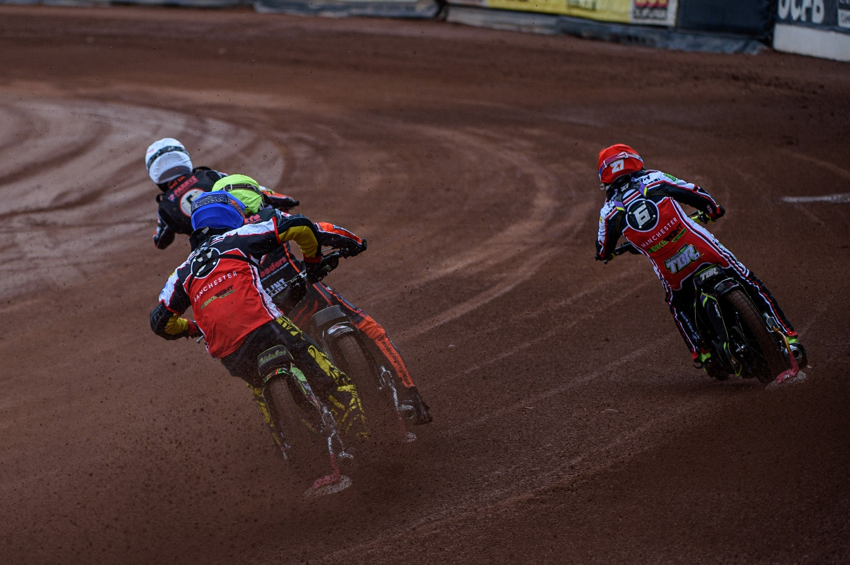 MANCHESTER, UK. AUGUST 30TH Nikolaj B. Jakobsen  (Blue) chases Tom Brennan  (Red) Ryan Douglas  (White) and Leon Flint  (Yellow) during the SGB Premiership match between Belle Vue Aces and Wolverhampton Wolves at the National Speedway Stadium, Manchester on Monday 30th August 2021. (Credit: Ian Charles | MI News)