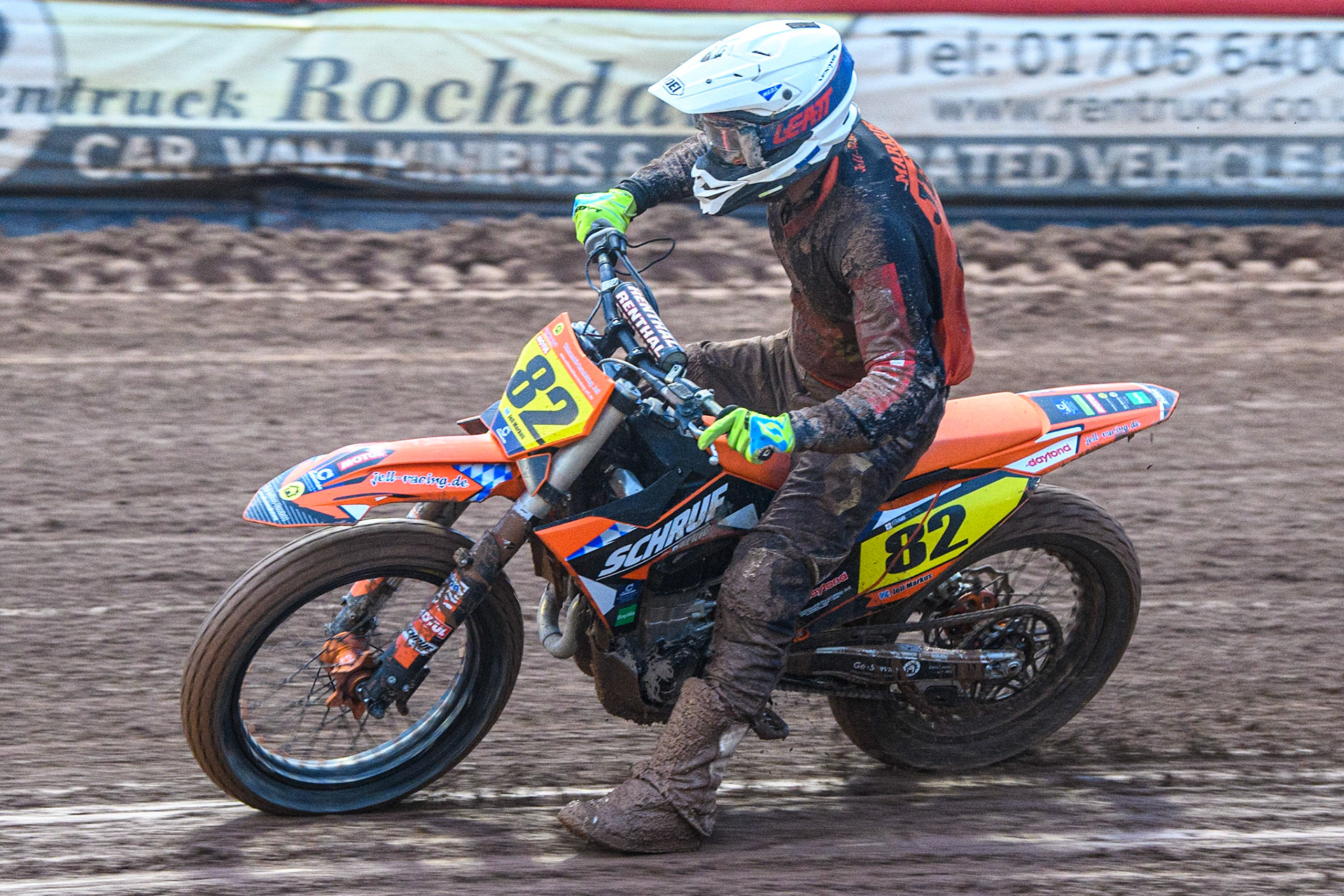 Markus Jell (82) from Germany in action  during the FIM World Flat Track Championship Round 1 at the National Speedway Stadium, Manchester on Saturday 5th August 2023. (Photo: Ian Charles | MI News)