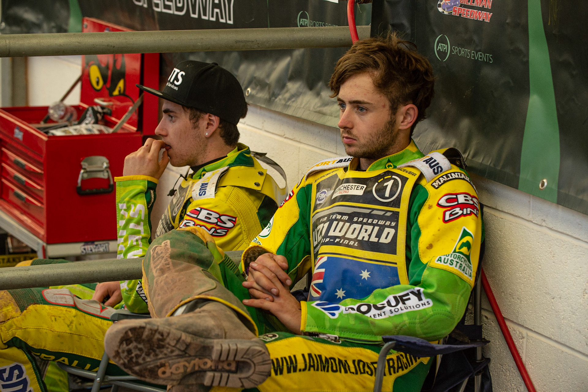 Photo: Ian Charles

Jordan Stewart (left) and Jaimon Lidsey  in reflective mood

FIM Team Speedway U-21 World Championship, National Speedway Stadium, Manchester Friday 12 July  2019