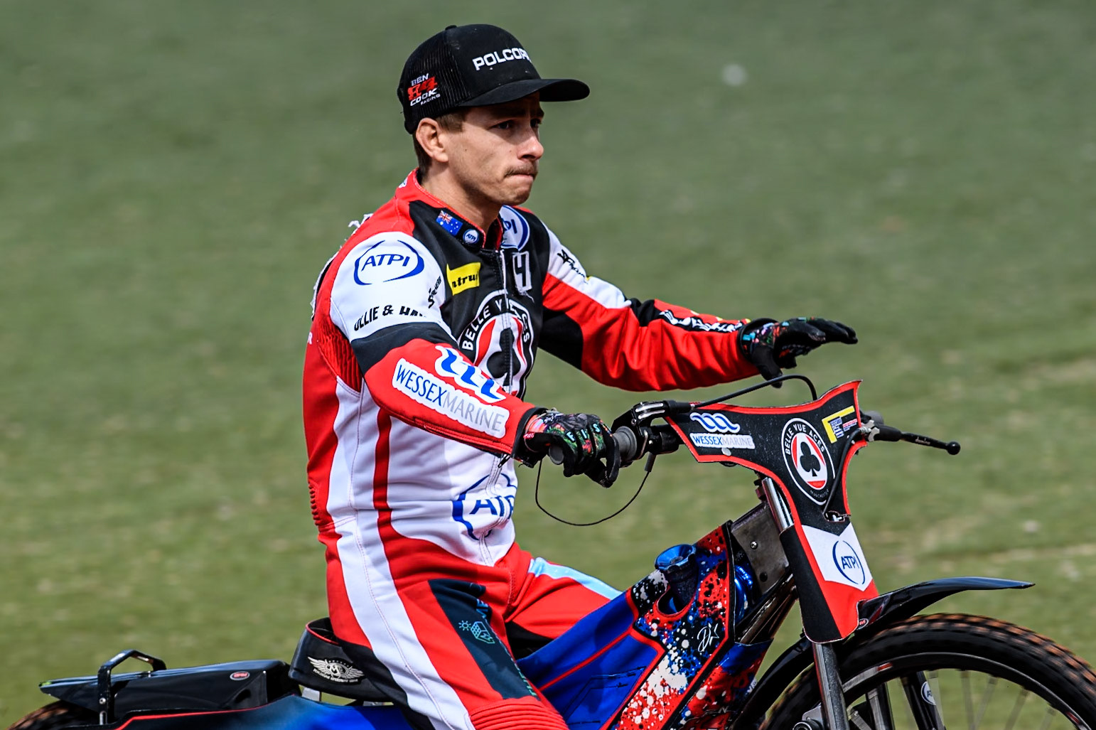 Belle Vue Aces' Ben Cook on the parade lap during the Rowe Motor Oil Premiership match between Belle Vue Aces and Sheffield Tigers at the National Speedway Stadium, Manchester on Monday 26th August 2024. (Photo: Ian Charles | MI News)
