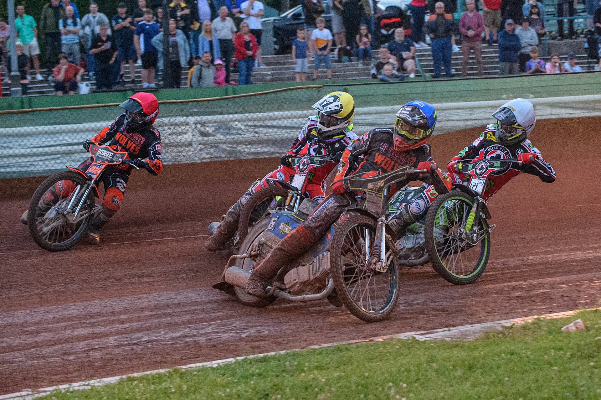 WOLVERHAMPTON, UK. JULY 26TH  Ryan Douglas  (Blue) leads Luke Becker  (Red) Tom Brennan  (Yellow) and Charles Wright  (White)during the SGB Premiership match between Wolverhampton Wolves and Belle Vue Aces at the Ladbroke Stadium, Wolverhampton on Monday 26th July 2021. (Credit: Ian Charles | MI News)