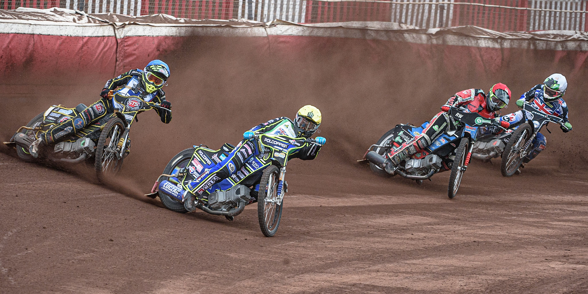 GLASGOW, UK. JUNE 19TH.  Jaimon Lidsey (Australia) (Yellow) leads Tero Aarnio (Finland)(Blue)Bradley Dean-Wilson (New Zealand) (Red) and Dan Bewley (Great Britain) (White) during the FIM Speedway Grand Prix Qualifying Round at the Peugeot Ashfield Stadium, Glasgow on Saturday 19th June 2021. (Credit: Ian Charles | MI News)