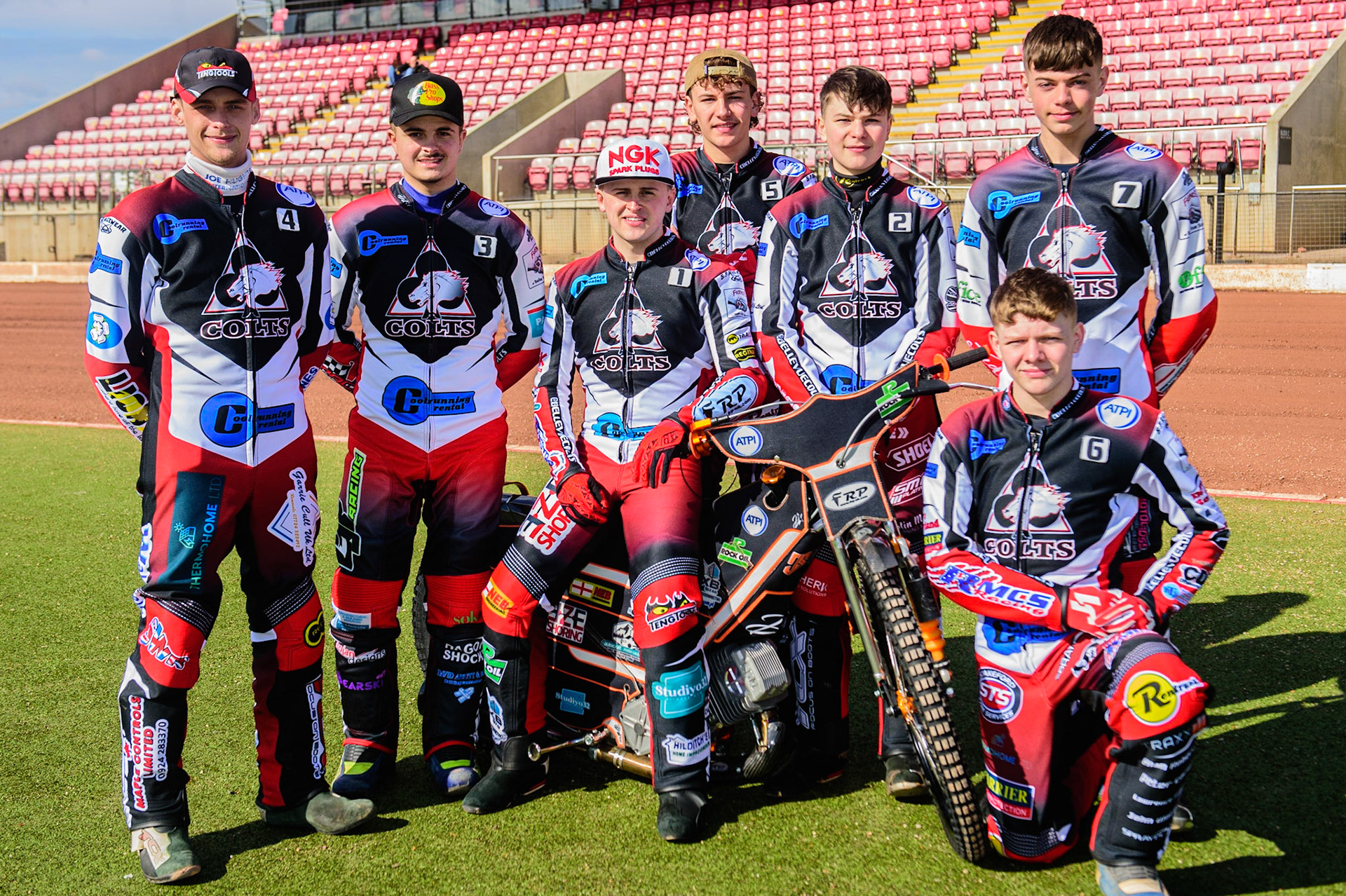 MANCHESTER, UK. MAR 14TH Belle Vue 'Cool Running' Colts (l-r): Jack Parkinson-Blackburn, Nathan Ablitt, Jack Smith, Harry McGurk, Sam McGurk, Freddie Hodder (Kneeling): Archie Freeman during the Belle Vue Speedway Media Day at the National Speedway Stadium, Manchester on Monday 14th March 2022. (Credit: Ian Charles | MI News)