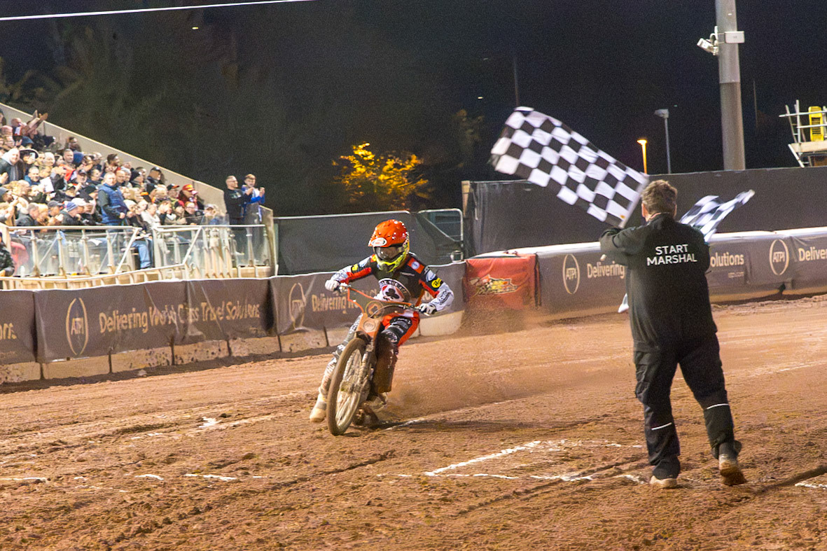 Nicolai Klindt, Guest Rider for Belle Vue Aces  takes the chequered flag in Heat 12 to win the Premiership Grand Final for the Aces with three Heats remaining during the Rowe Motor Oil Premiership Grand Final 2nd Leg between Belle Vue Aces and Sheffield Tigers at the National Speedway Stadium, Manchester on Friday 16th October 2026. (Photo: Ian Charles | MI News)
