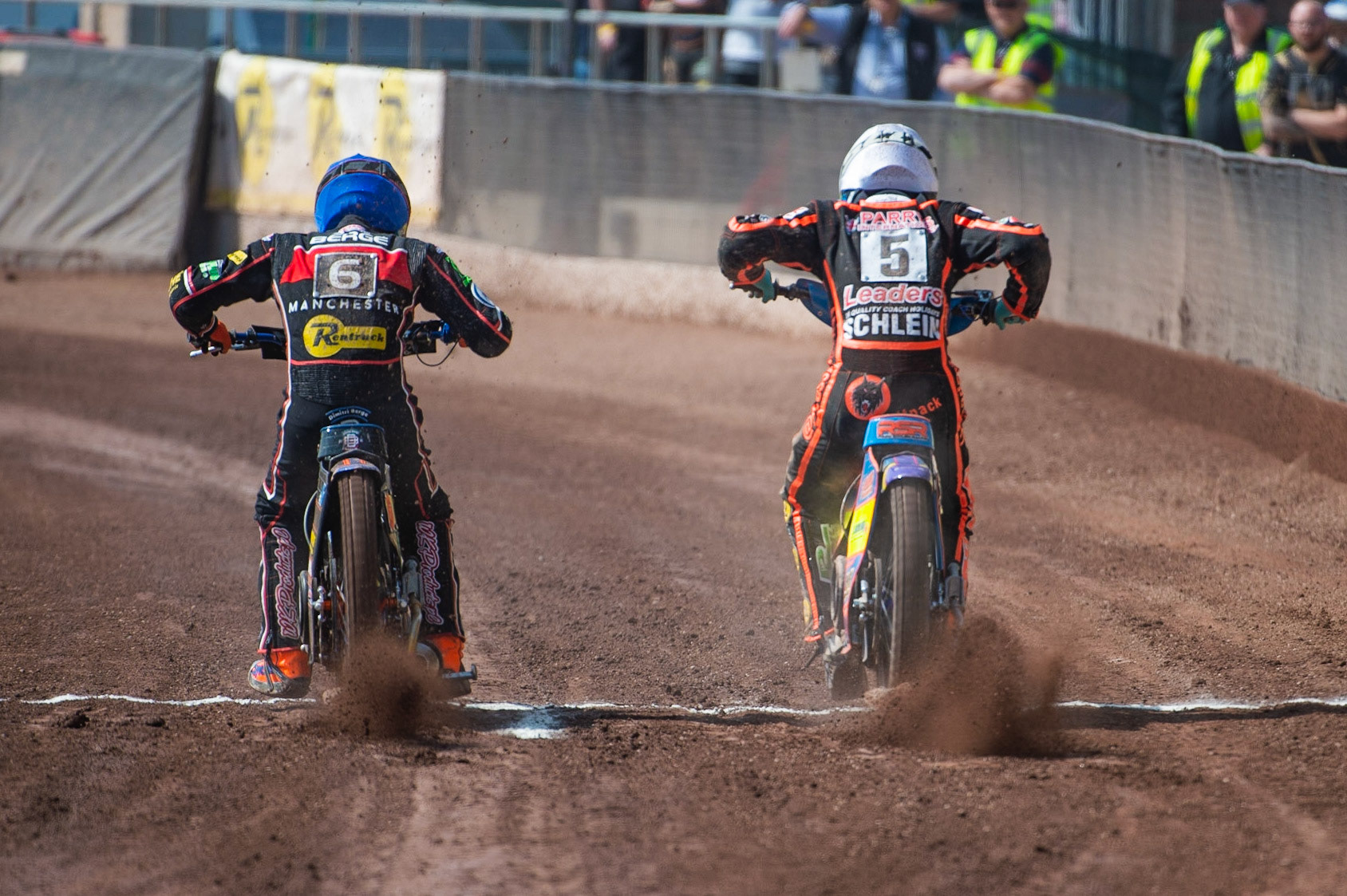 Photo by Ian Charles:

Dimitri Bergé  (Blue) and Rory Schlein  (White) leave the start

Belle Vue Aces v Wolverhampton Wolves, National Speedway Stadium, Manchester, Monday, 22, April, 2019