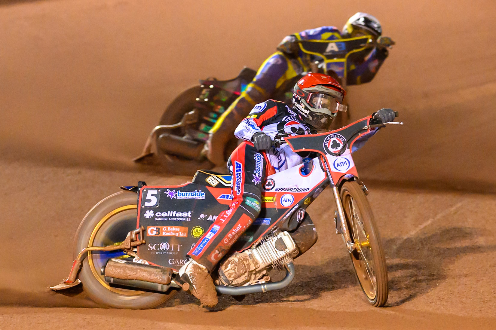 Jason Doyle of Belle Vue Aces in Red leading Josh Pickering of Sheffield Tigers in White during the Rowe Motor Oil Premiership Grand Final 2nd Leg between Belle Vue Aces and Sheffield Tigers at the National Speedway Stadium, Manchester on Friday 16th October 2026. (Photo: Ian Charles | MI News)