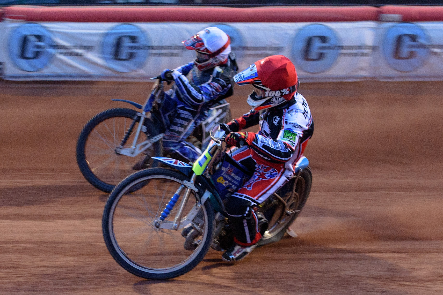 MANCHESTER, UK. MAY 28TH  Benji Compton  (Red) inside Greg Blair  (White) during the SGB National Development League match between Belle Vue Colts and Berwick Bullets at the National Speedway Stadium, Manchester on Friday 28th May 2021. (Credit: Ian Charles | MI News)