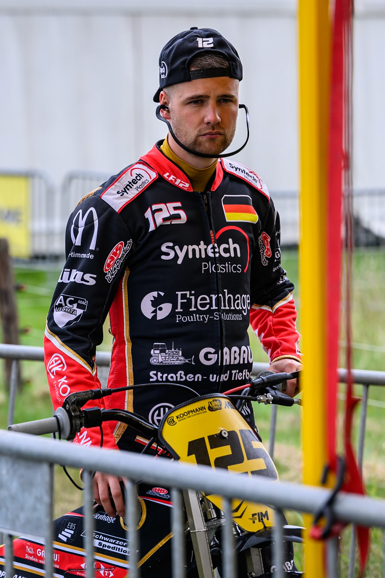 Lukas Fienhage (125) of Germany lines up to fuel his bike during the FIM Long Track World Championship Final 4, at the Speed Centre Roden, Netherlands on Sunday 21st September 2025. (Photo: Ian Charles | MI News)