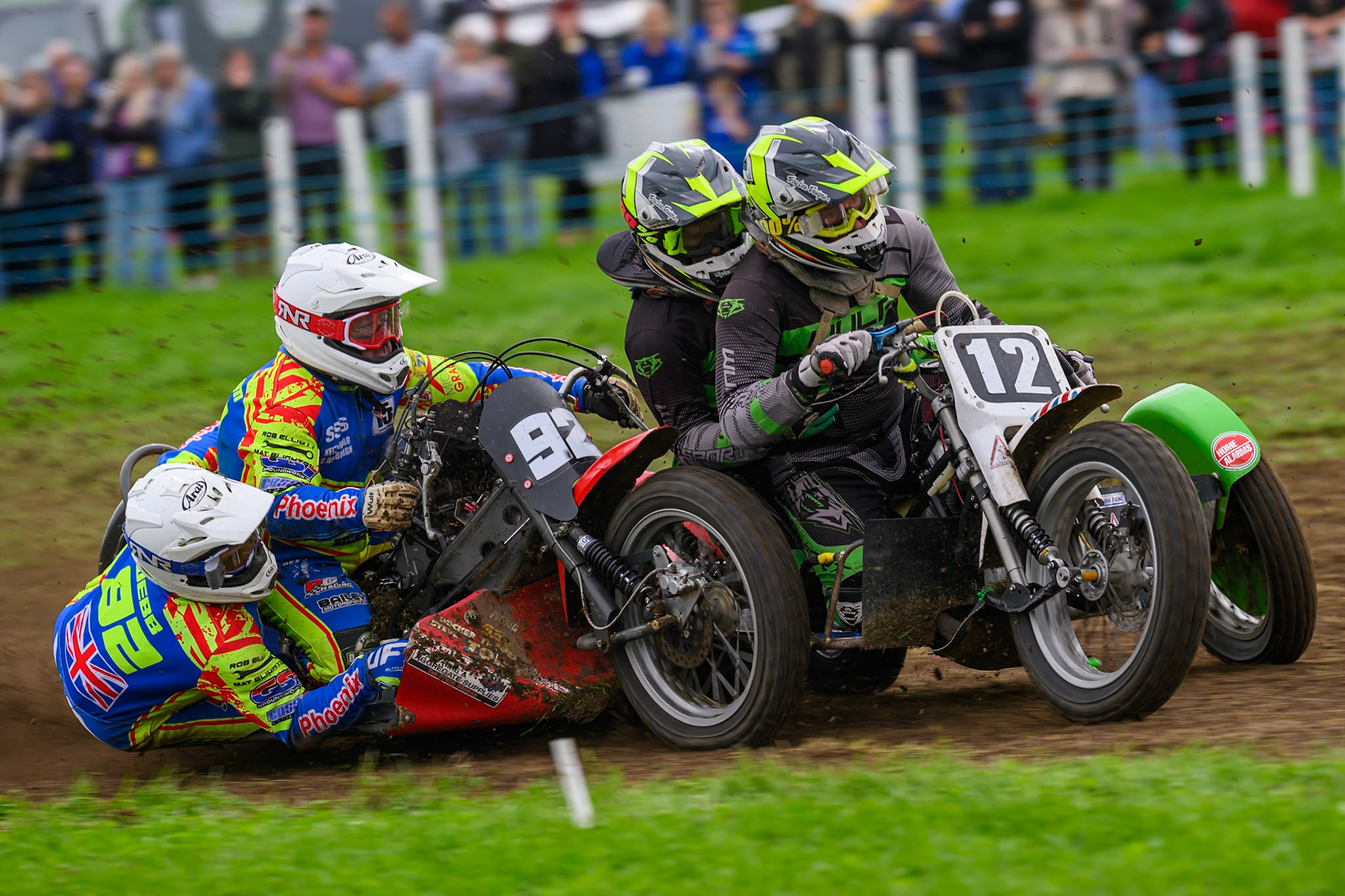 British Masters 1000cc Sidecars: Paul Whitelam/Richard Webb (92) rides inside Neal Owen/Jason Farwell (12) during the British Masters Grasstrack Championship at Lower Marsh Farm, Much Hoole, Preston in Lancashire, England on Sunday 13th September 2026. (Photo: Ian Charles | MI News)