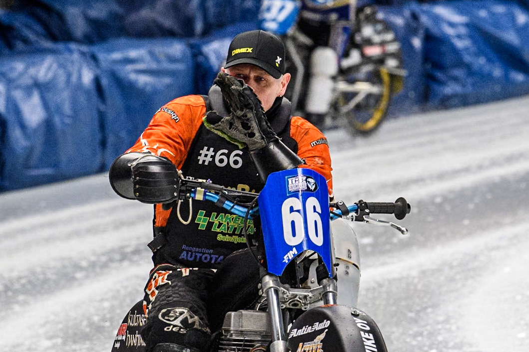 Finland's Aki Ala-Riihimäki (66) during the FIM Ice Speedway Gladiators World Championship Final 1 at the Max-Aicher-Arena, Inzell on Saturday 23 March 2024. (Photo: Ian Charles | MI News)