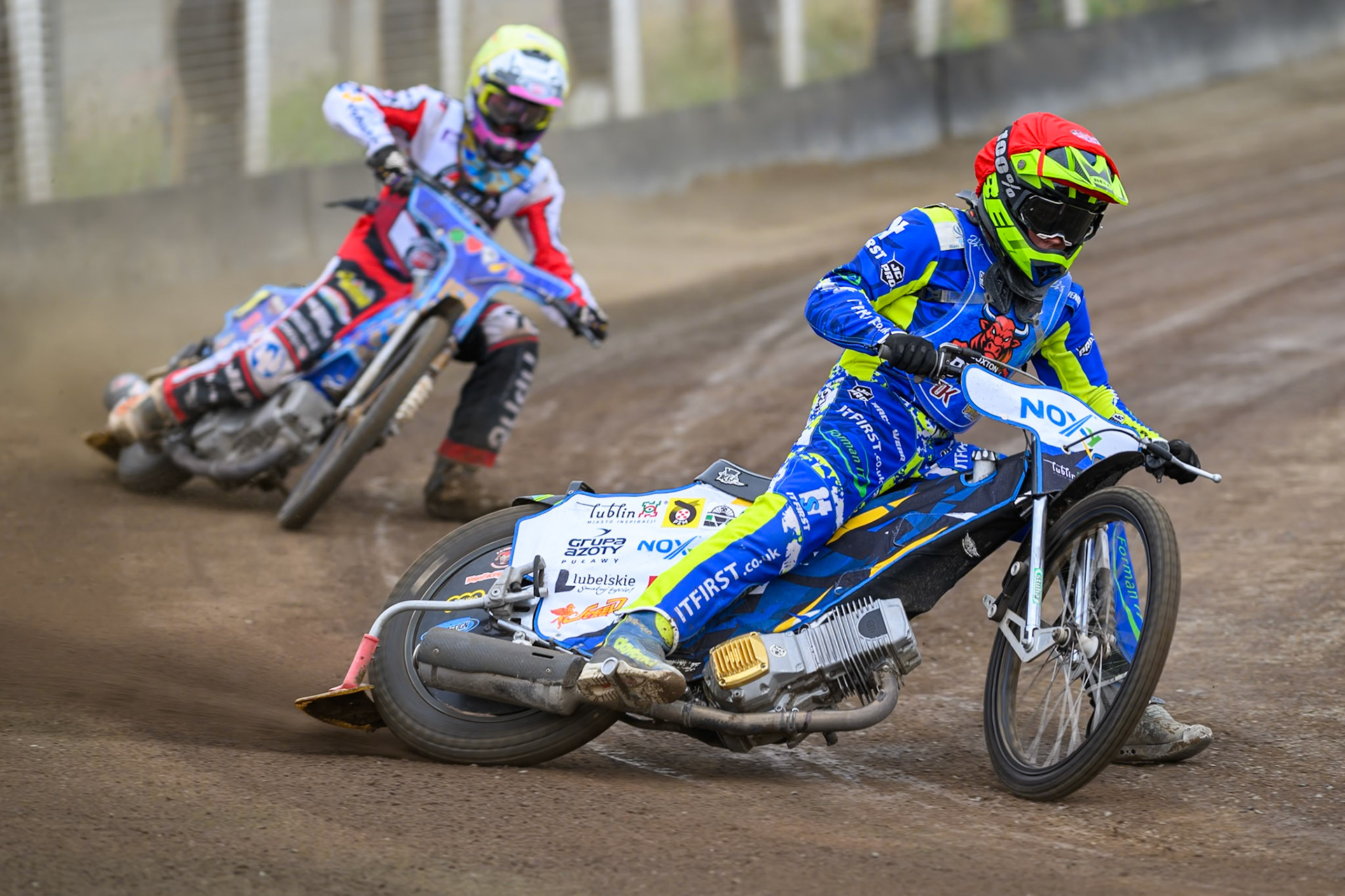 Will Boraston of Buxton Bulls in Red leading Stene Pijper of Middlesborough Tigers in Yellow during the WSRA National Development League match  between Buxton Bulls and Middlesborough Tigers at Hi-Edge Speedway, Buxton on Sunday 16th August 2026. (Photo: Ian Charles | MI News)