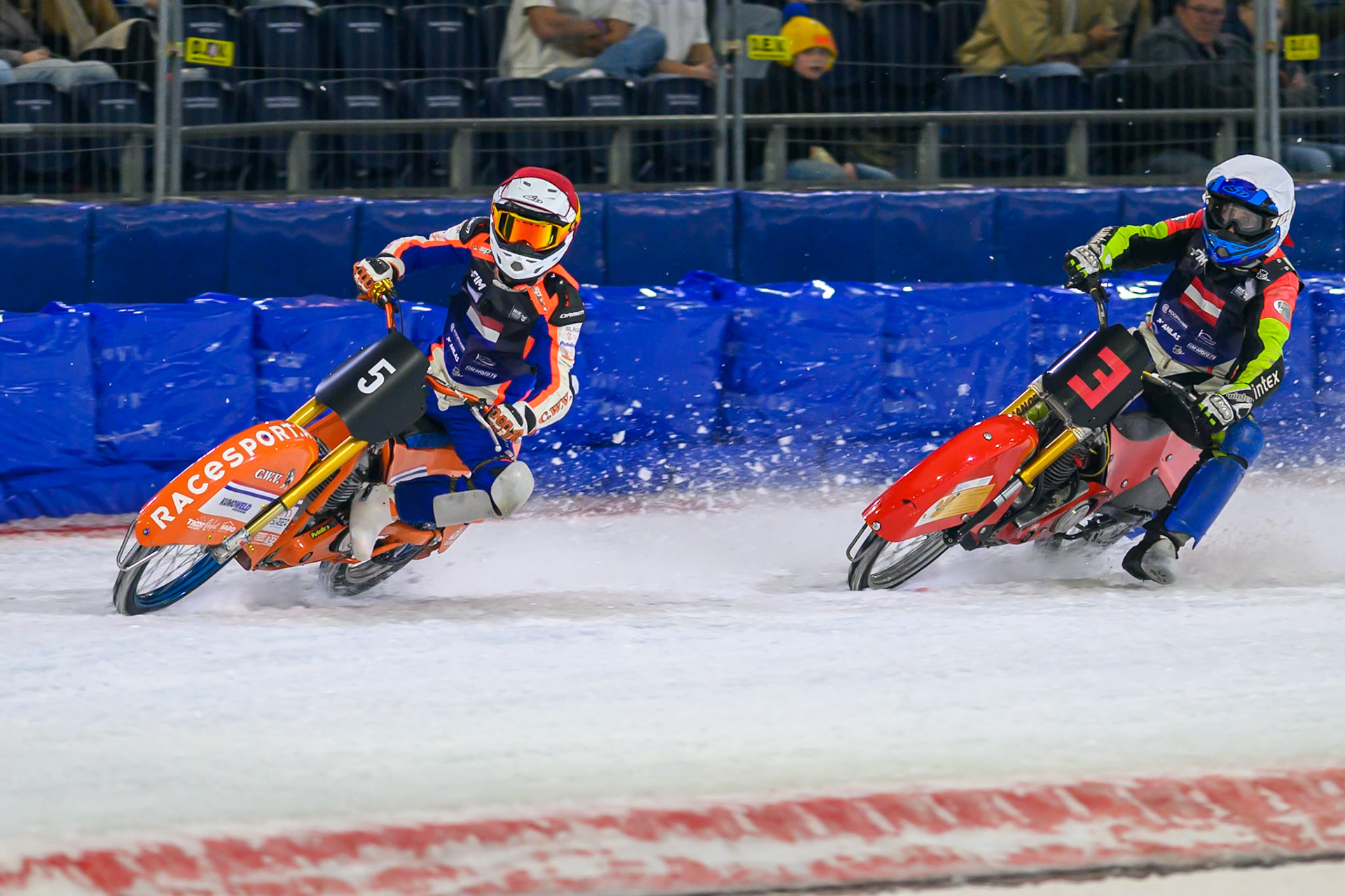Harald Simon (3) of Austria   in White rides inside Jasper Iwema (5) of The Netherlands  in Red during the FIM Ice Speedway Of Nations at Ice Rink Thialf, Heerenveen on Sunday 12th April 2026. (Photo: Ian Charles | MI News)