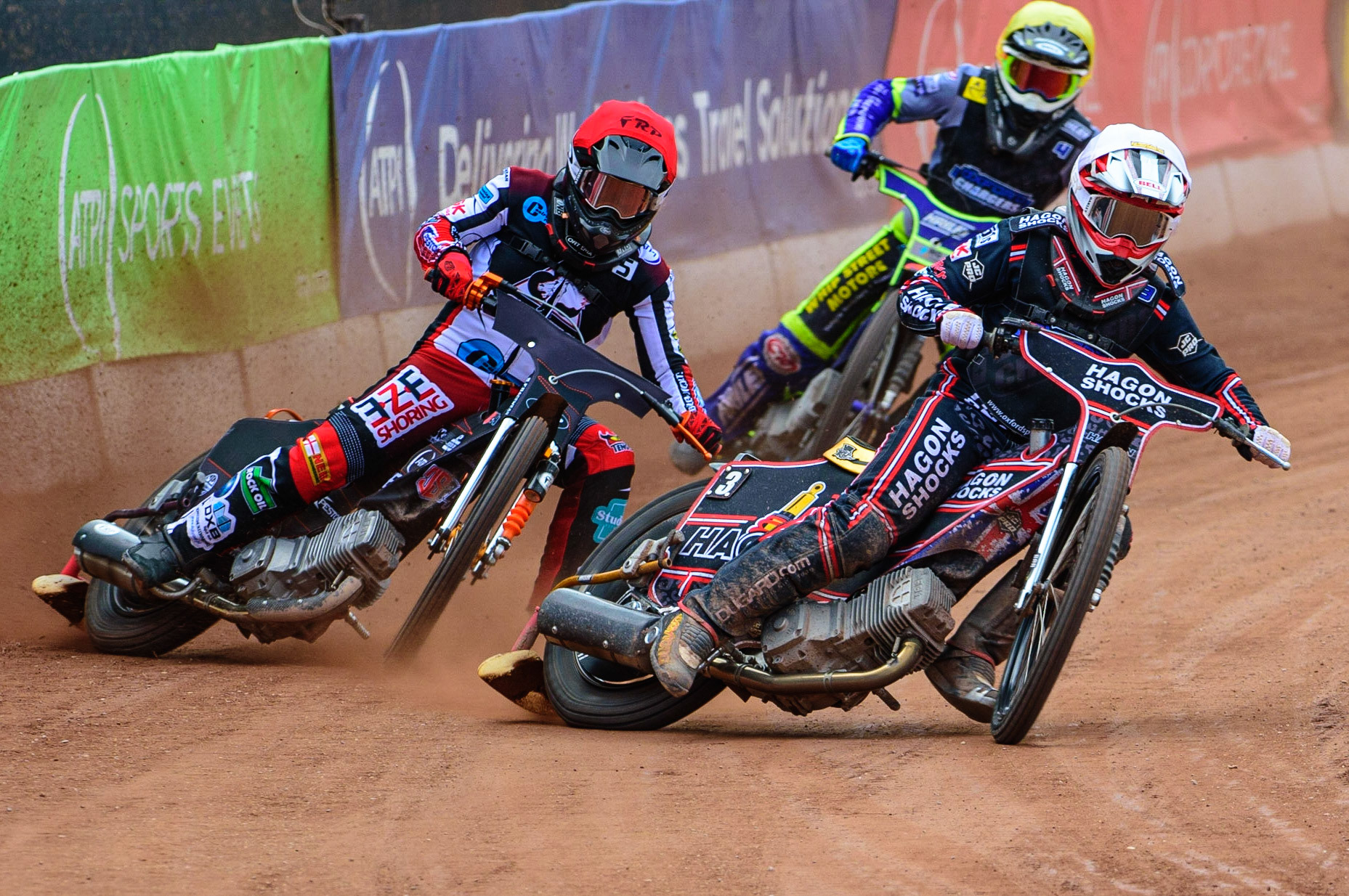 MANCHESTER, UK.  JUN 3RD  Sam Hagon  (White) leads Jack Smith  (Red) and Jacob Clouting  (Yellow) during the National Development League match between Belle Vue Colts and Oxford Chargers at the National Speedway Stadium, Manchester on Friday 3rd June 2022. (Credit: Ian Charles | MI News)