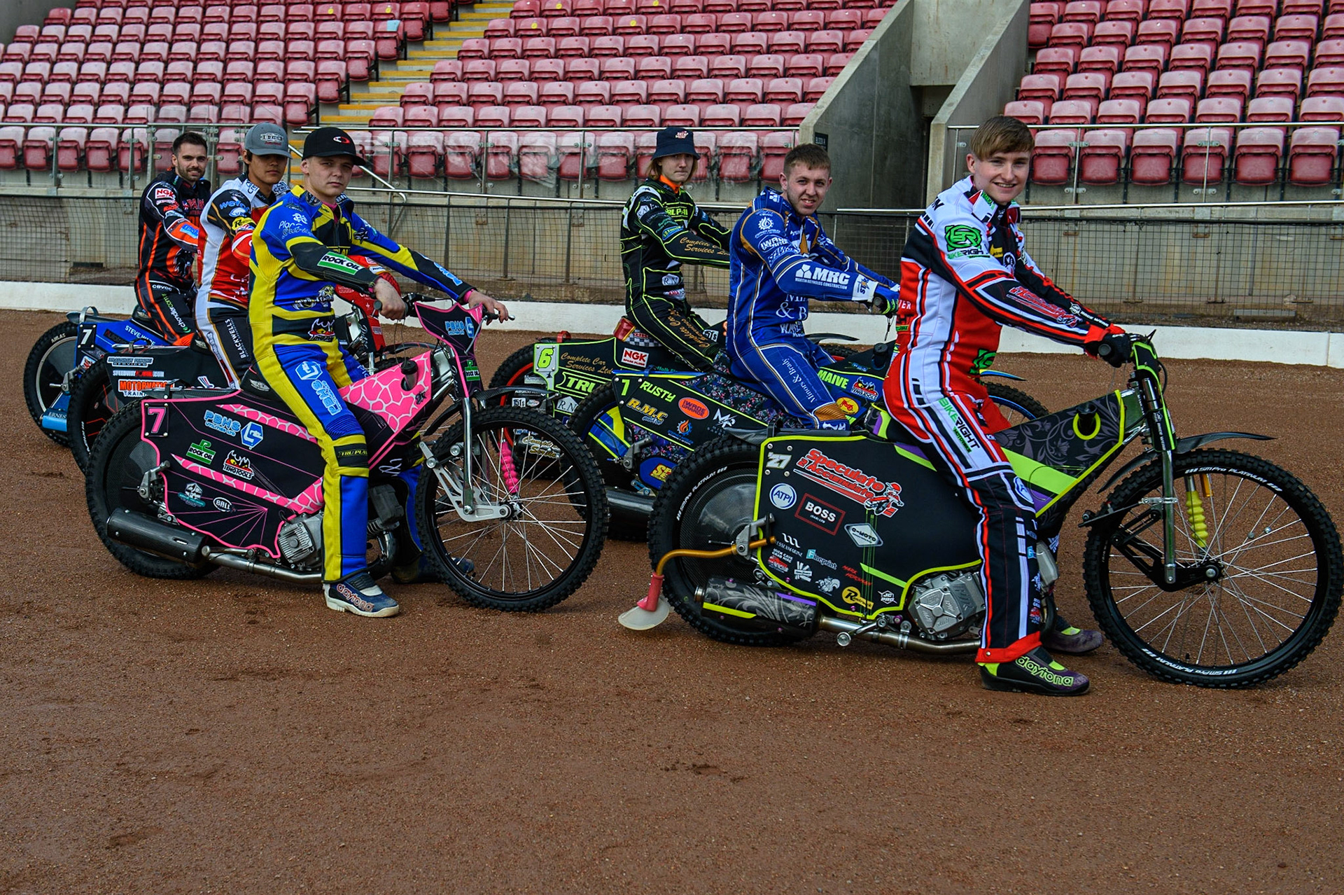 Photo: Ian CharlesThe Rising Stars: (l-r) Tom Bacon, Jordan Palin, Josh Bates, Drew Kemp, Ryan Kinsley, Tom BrennanDiscovery Networks Eurosport Speedway Season Launch, National Speedway Stadium, Manchester Wednesday  12  May  2021