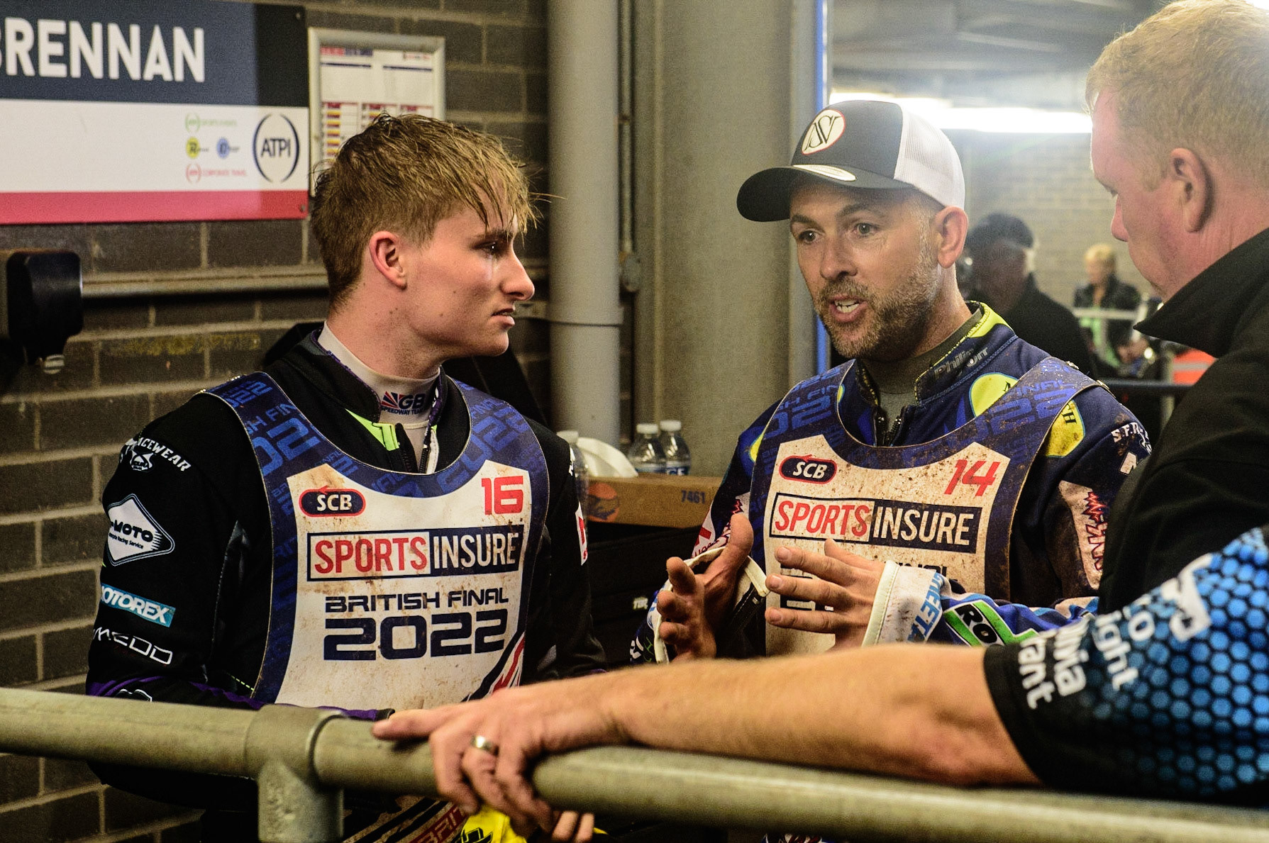 Tom Brennan (left) with Scott Nicholls  during the Sports Insure British Speedway Championship Final at the National Speedway Stadium, Bellevue, Manchester, England on Monday 1st August 2022. (Photo by: Ian Charles | MI News)