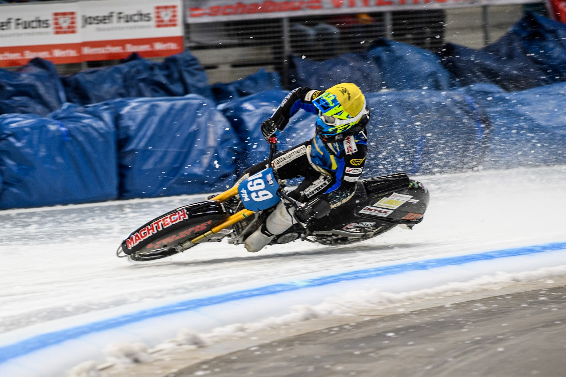 Sweden's Martin Haarahiltunen (199)  gets into difficulty and manages to correct it during the FIM Ice Speedway Gladiators World Championship Final 2 at the Max-Aicher-Arena, Inzell on Sunday 24 March 2024. (Photo: Ian Charles | MI News)