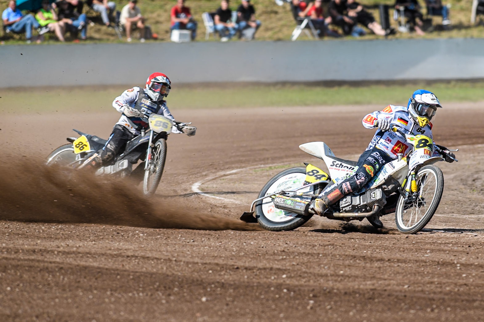 Martin Smolinski (84) of Germany in Blue leading Hynek Stichauer (86) of Czech Republic  in Red during the FIM Long Track World Championship Final 5 at the Speed Centre Roden, Roden, Netherlands on Sunday 22nd September 2024. (Photo: Ian Charles | MI News)