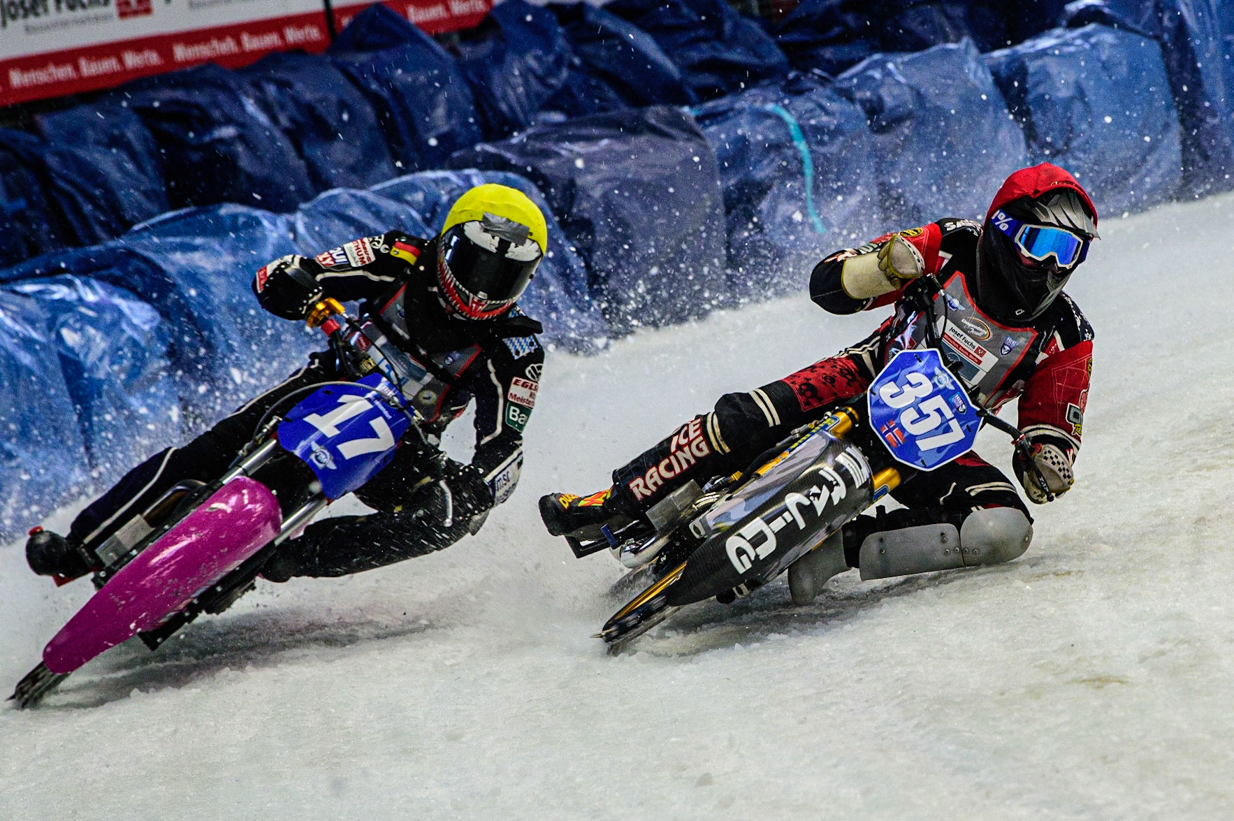 Jo Saetre (357) (Red) inside Benedikt Monn (17) (Yellow) during the Ice Speedway Gladiators World Championship Final 2 at Max-Aicher-Arena, Inzell, Germany on Sunday 19th March 2023. (Photo: Ian Charles | MI News)