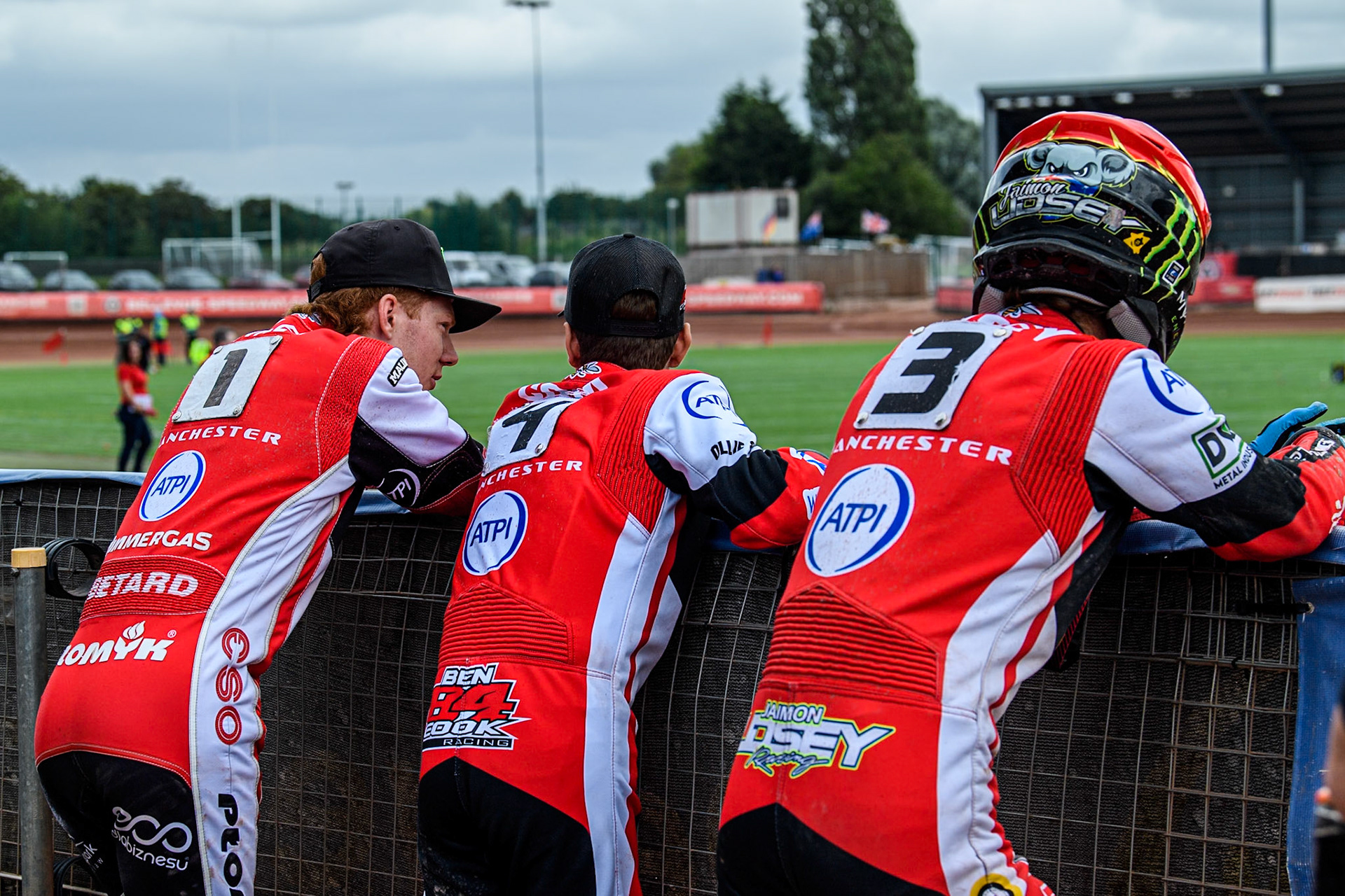 (L to R) Belle Vue Aces' Dan Bewley  , Belle Vue Aces' Ben Cook  and Belle Vue Aces' Jaimon Lidsey  watch the track prep during the Rowe Motor Oil Premiership match between Belle Vue Aces and Sheffield Tigers at the National Speedway Stadium, Manchester on Monday 26th August 2024. (Photo: Ian Charles | MI News)