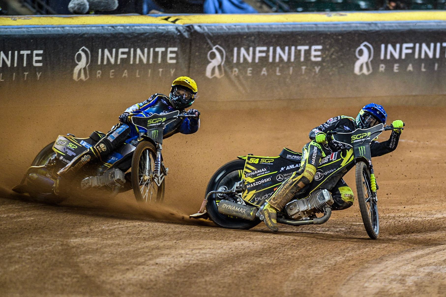Martin Vaculik (54) (Blue) inside Jason Doyle (69) (Yellow) during the FIM Speedway Grand Prix of Great Britain at the Principality Stadium, Cardiff on Saturday 2nd September 2023. (Photo: Ian Charles | MI News)