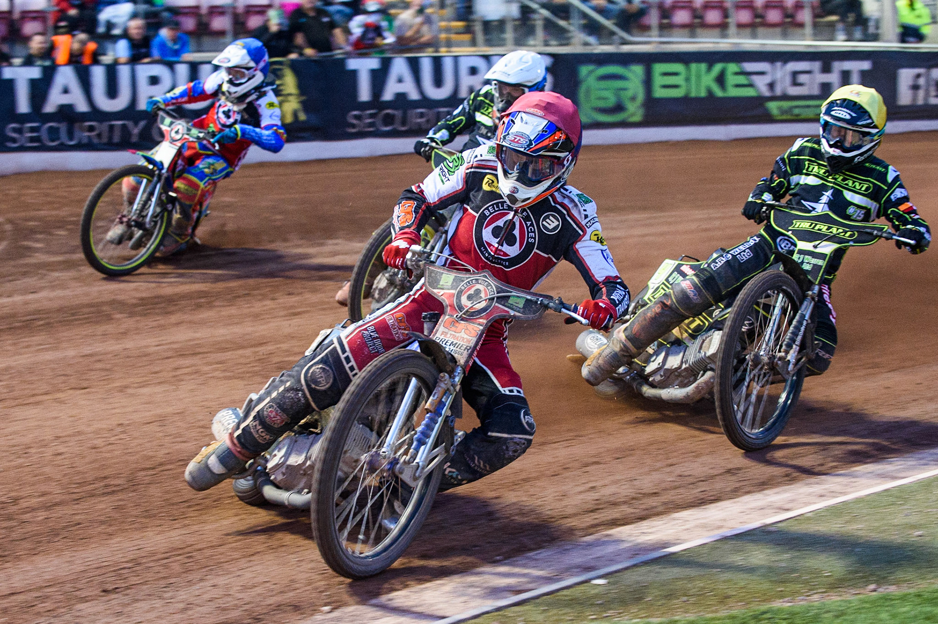 MANCHESTER UKSteve Worrall  (Red) leads Danny King  (Yellow) and Craig Cook   (White) with Simon Lambert (Blue) on the outside during the SGB Premiership match between Belle Vue Aces and Ipswich Witches at the National Speedway Stadium, Manchester on Monday 2nd August 2021. (Credit: Ian Charles | MI News)