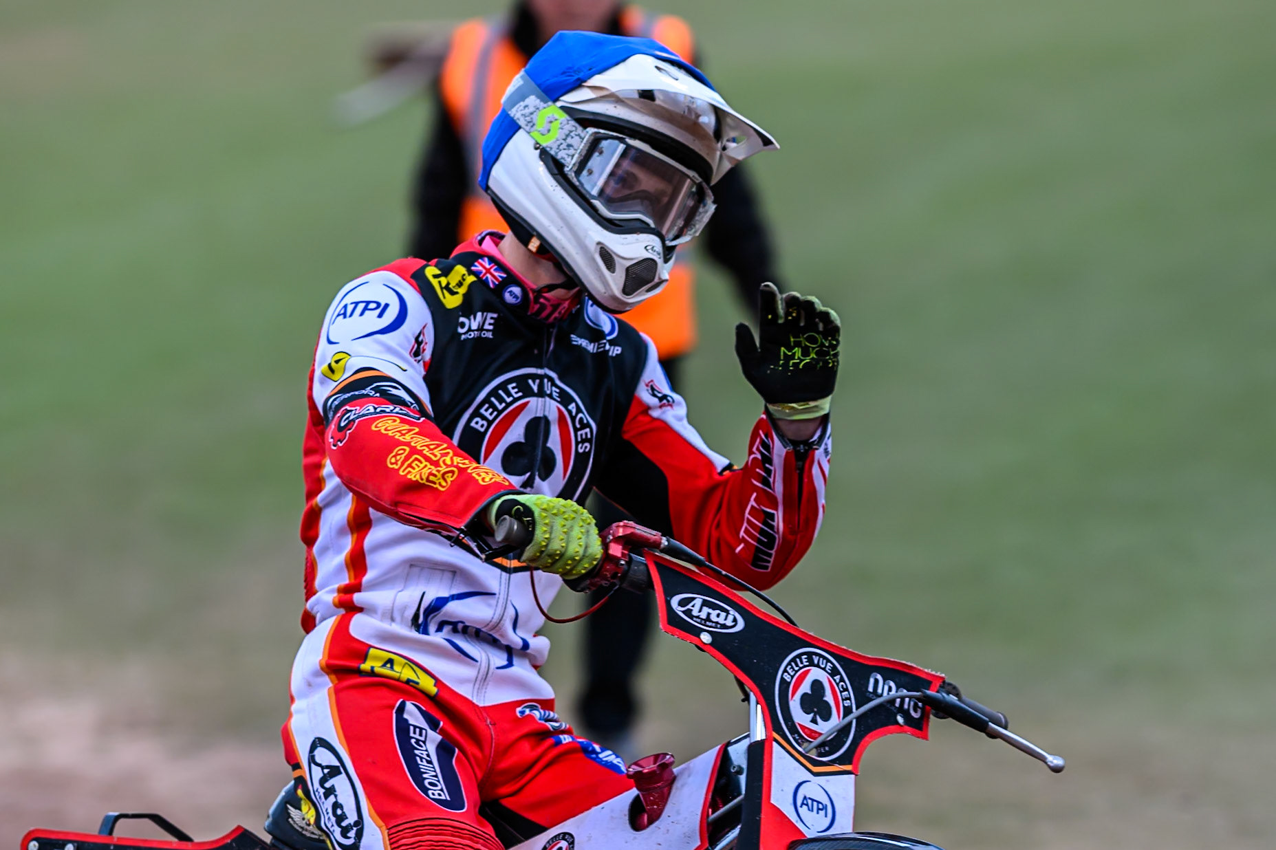 Belle Vue Aces' Jake Mulford celebrates his win in heat 8 during the Rowe Motor Oil Premiership match between Belle Vue Aces and King's Lynn Stars at the National Speedway Stadium, Manchester on Monday 23rd June 2025. (Photo: Ian Charles | MI News)