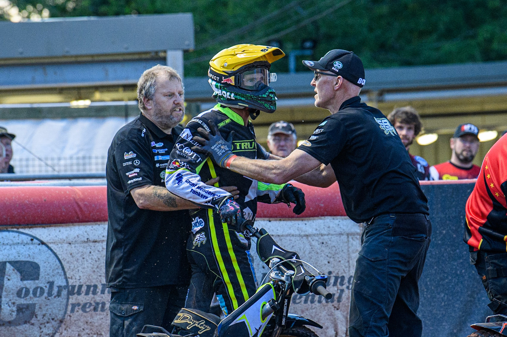 Jason Doyle is held back by his mechanics following an on track incident which upset him during the Sports Insure Premiership match between Belle Vue Aces and Ipswich Witches at the National Speedway Stadium, Manchester on Monday 17th July 2023. (Photo: Ian Charles | MI News)